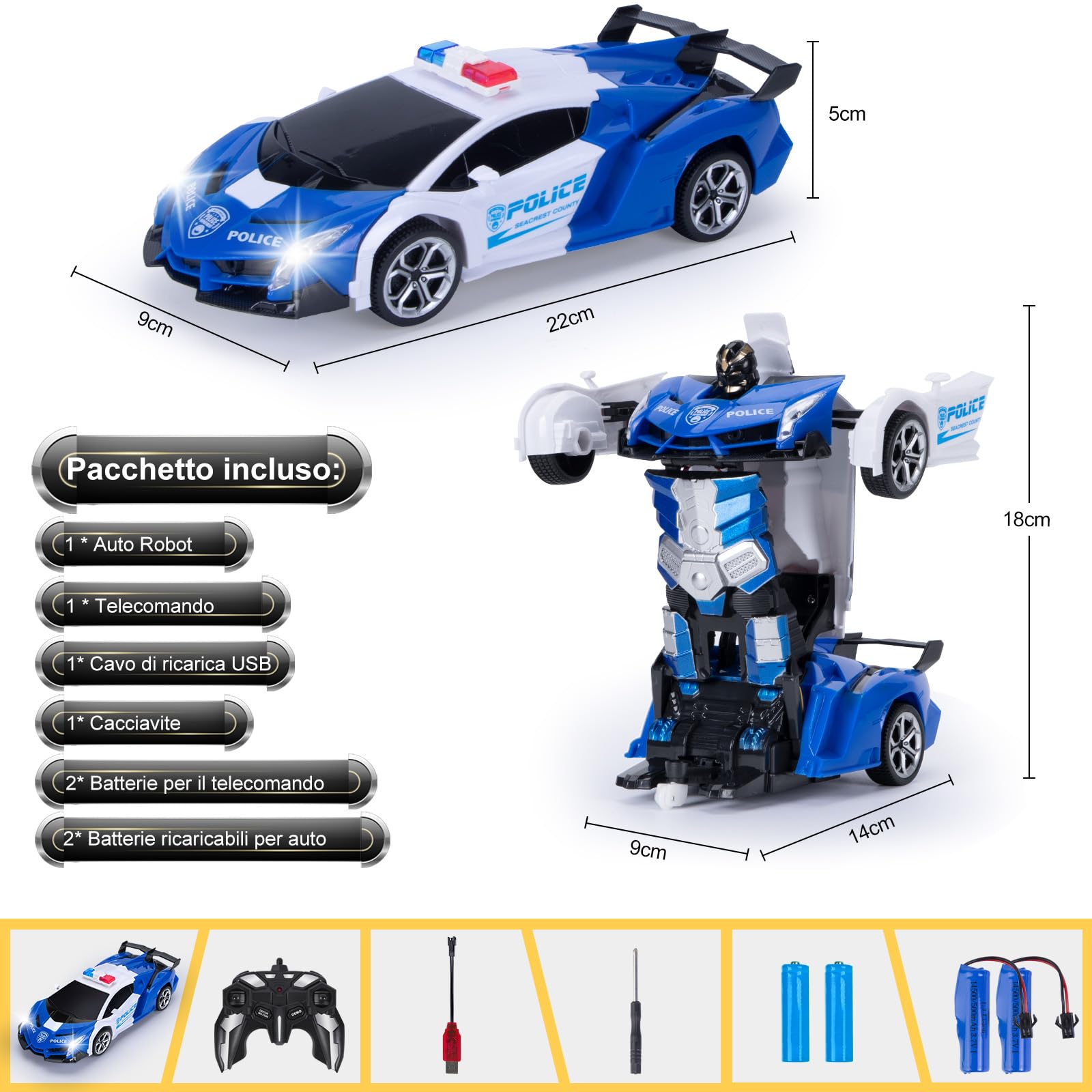 Yellcetoy Polizia Macchina Telecomandata Transform Giocattoli, Auto Robot con Gesti della Mano Sening Luce lampeggiante Musica ed Effetto Sonoro, 2,4G RC Car con Batterie Regalo per Ragazzi 3-10 Anni