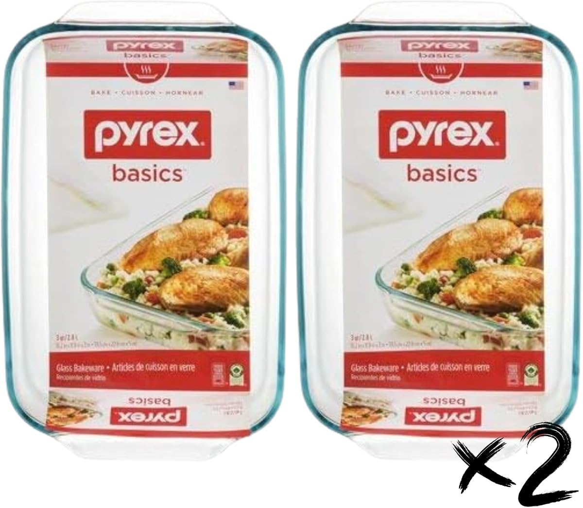 Pyrex Basics (3Qt) Glass Baking Dish (2-Pack) - Made in the USA | Oblong Dish | Tempered Glass | Clear | Casseroles | Deserts | Oven Safe | Dishwasher Safe | Easy Clean | Bakeware