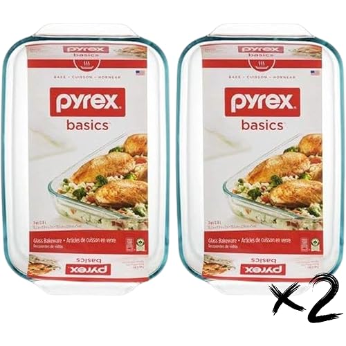 Pyrex Basics 3 Quart Oblong Glass Baking Dish, Clear 9 x 13 inch - Set of 2 - Original Genuine Pyrex - Made in the USA