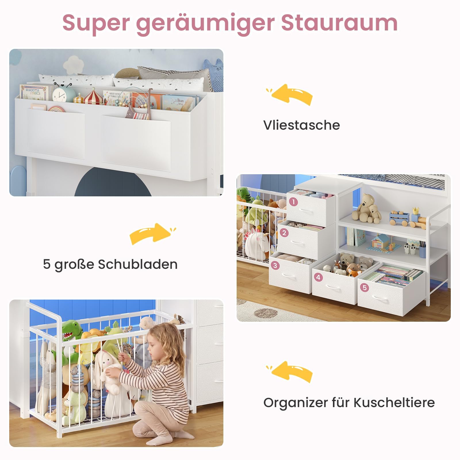 KIMENICH Hochbett 90x200, Bett mit 5 Schubladen, Kuscheltier Aufbewahrung
