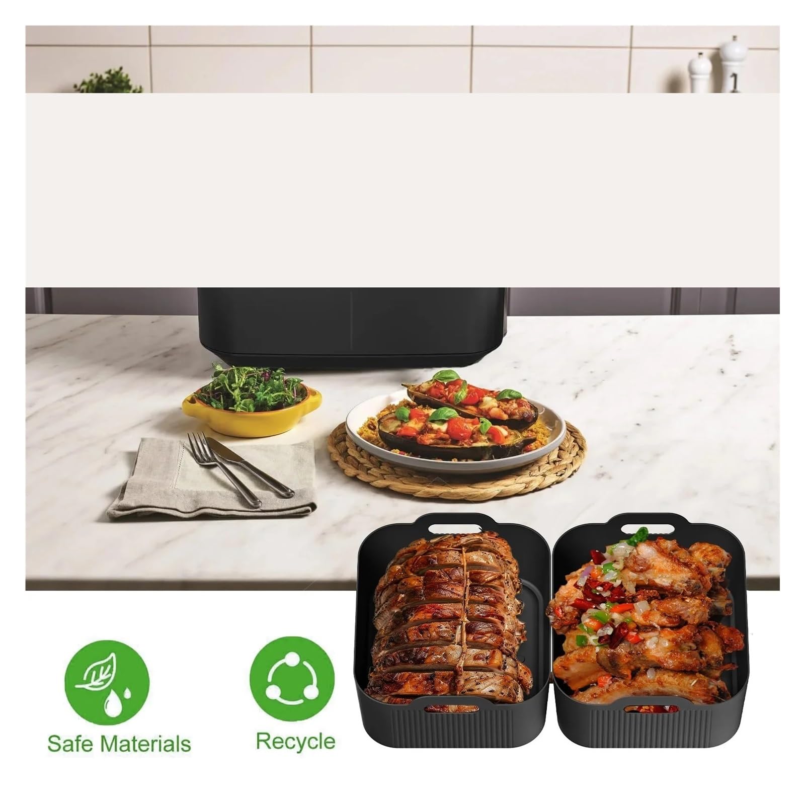 Air Fryer Tablett Silikonform, Kompatibel For Ninja, Af500 Air Fryer Liner Korb Wiederverwendbare Ofen Backblech Antihaft-Pizza-Grill-Pfanne(3 in 1 Grey)