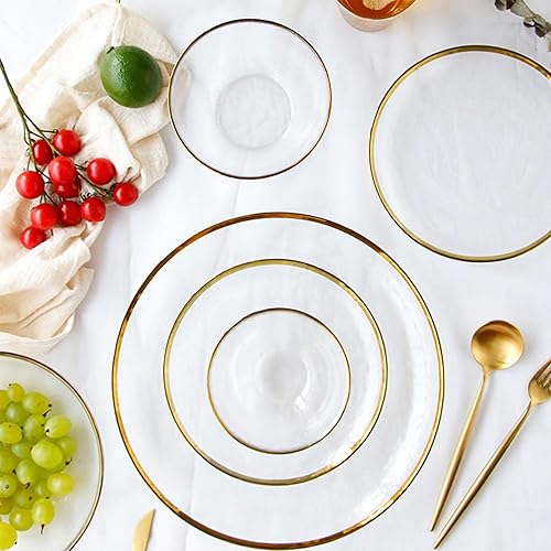 Miniatura 4 de Juego de vajilla de vidrio de 12 piezas, juego de platos y cuencos con borde dorado pintado a mano, resistente a las astillas, juego de platos