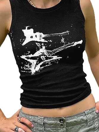Xineicy Womens Star Sleeveless Crop Top Vintage Y2k Tops Round Neck Racerback Grunge Tank Tops Casual Tee