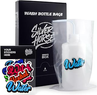 350pcs Wash Bottle Bags with 6pcs Sticker Labels - Tattoo Bottle Bags for 500ml/16.9oz, 6.0×9.4 Inch Plastic Covers, Professional Tattoo Supplies & Accessories (Clear)