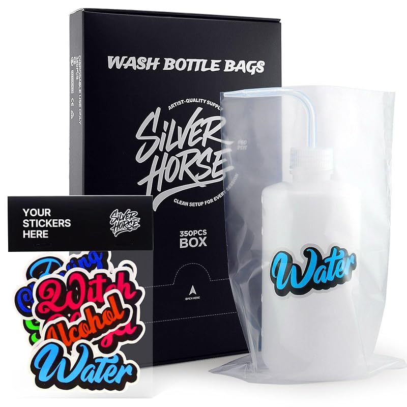 SILVERHORSE Sacos plásticos para frascos de lavagem de tatuagem, 350 unidades, com 6 etiquetas adesivas, para frascos de 500 mL, transparentes