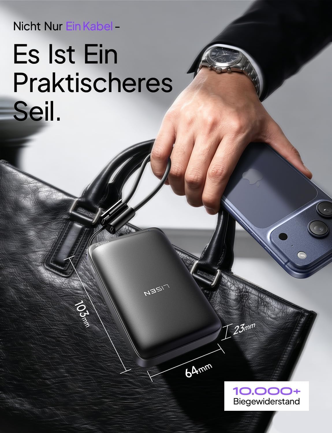 LISEN Powerbank Laptop 10000mAh 65W PD, Qi2.2 25W MagSafe, Laptop Powerbank für MacBook Air & USB-C Laptops, Flugzulassung, Zylindrische Zellen, Abnehmbares USB-C Kabel, iPhone 17 Pro Max/16/15