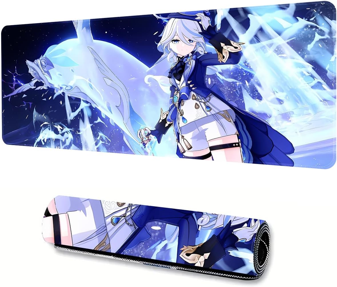 Anime Mouse Pad Large Gaming Mouse Pad Durable Non-Slip Natural Rubber Base 3 Furina Genshin Impact Mouse Pad for Office and Home(39.3 * 19.6 inch)