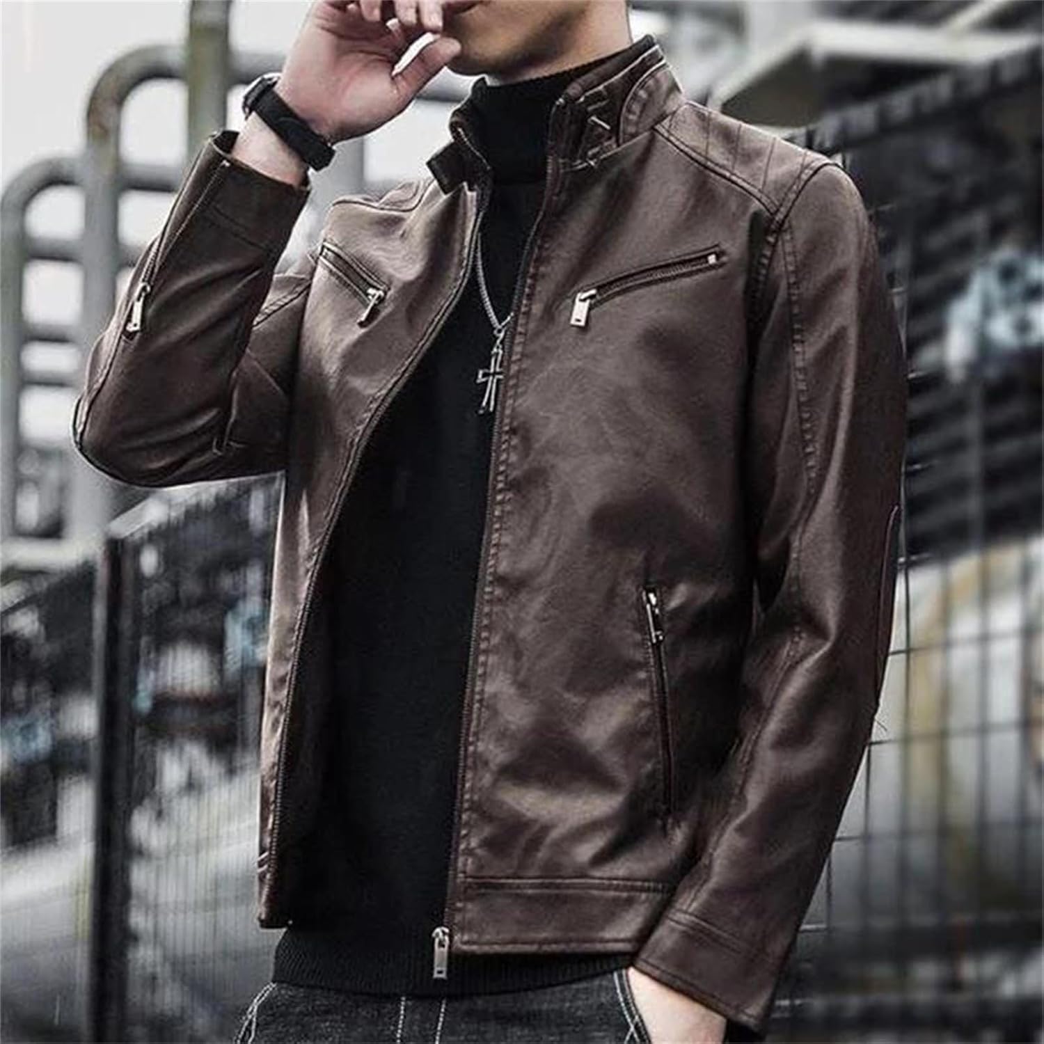 Men's Faux Leather Blazer Jacket Slim Fit Stand Collar Casual Business Coat With Pockets Motorcycle Jacket