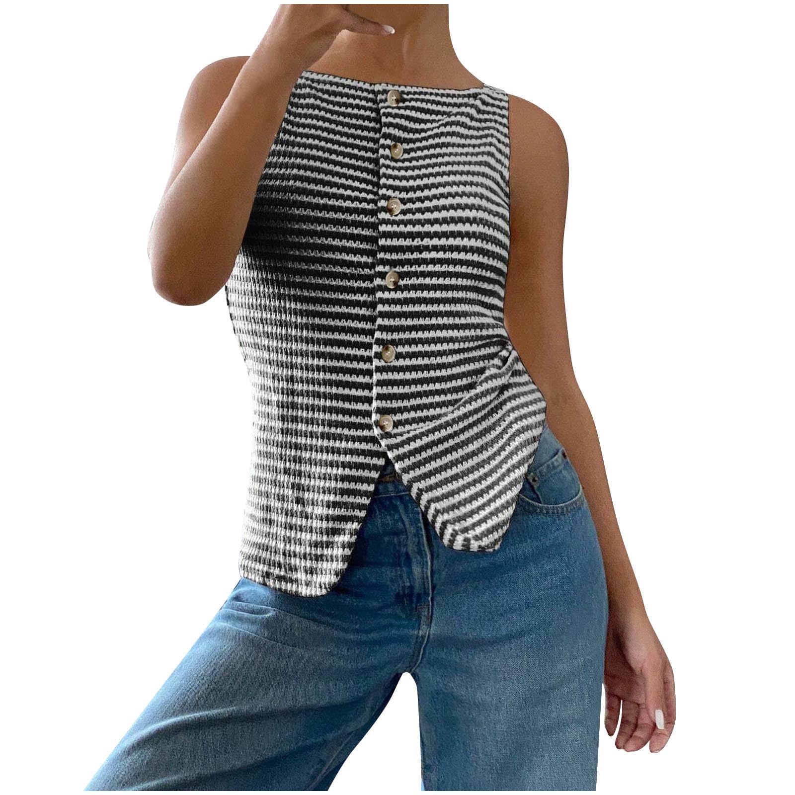 Chaleco de punto para mujer a rayas con botones y aberturas laterales estilo verano 6