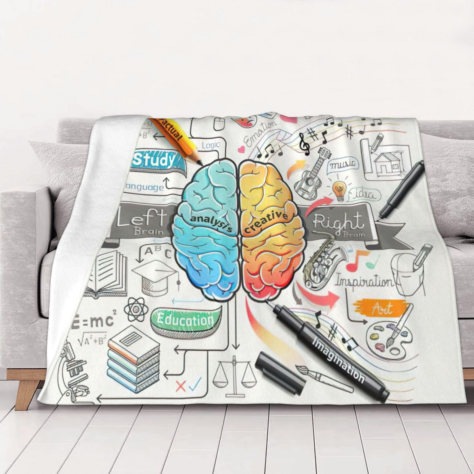 Couverture en flanelle imprimé cerveau humain douce pour lit et canapé