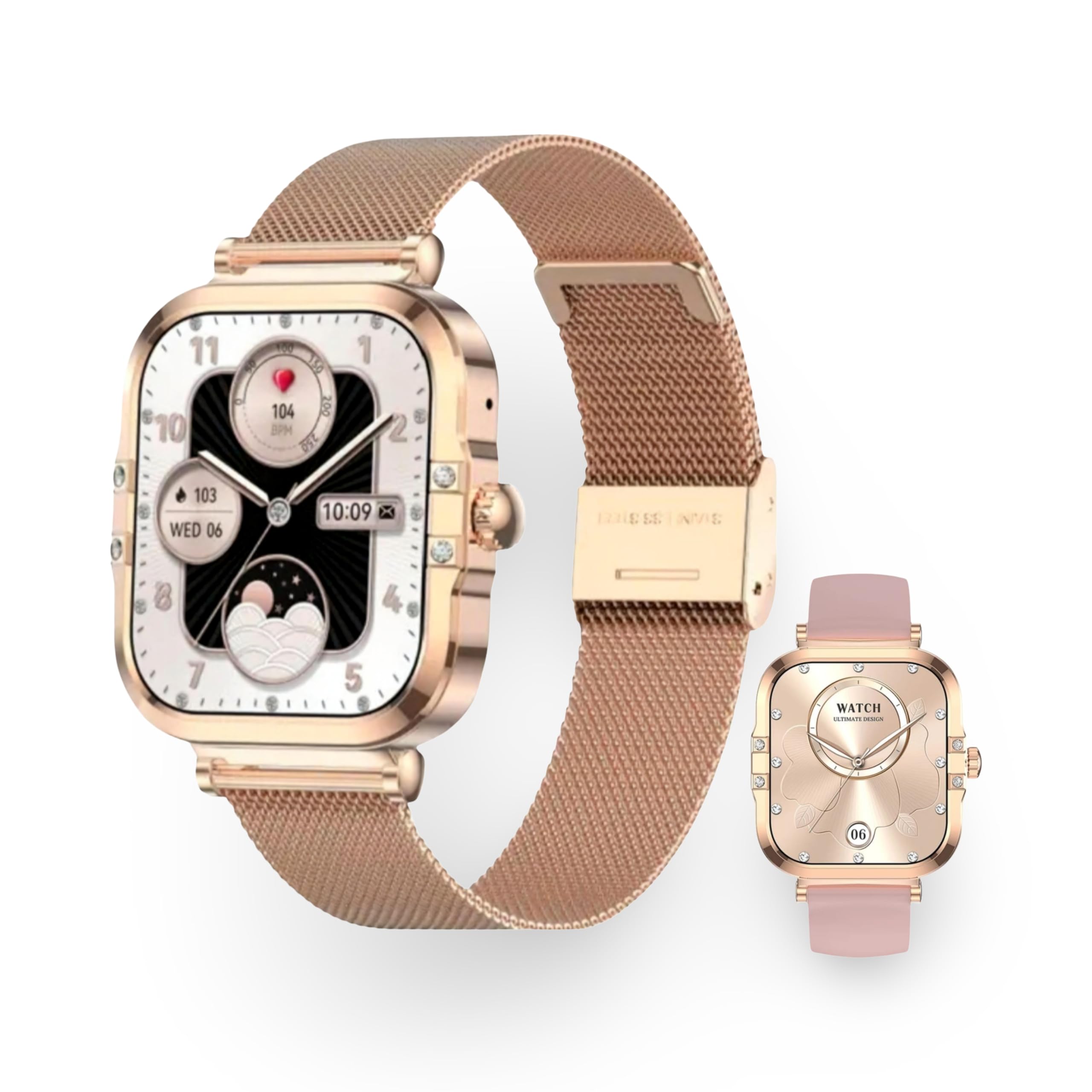 Générique Montre Connectée Femme Doré Élégante AMOLED 1.75" –avec 2 Bracelet Acier/Silicone, Fonction Appels Suivi Santé Complet, Design Luxueux Fleur Dorée - SOS