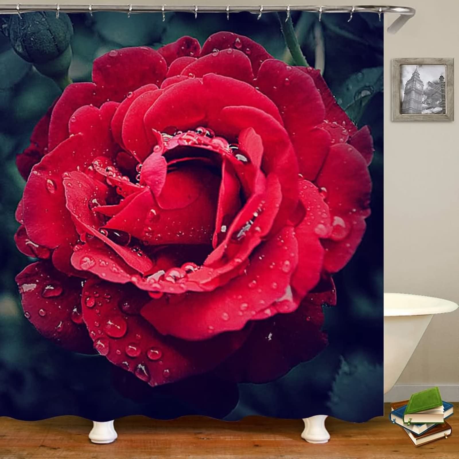 Rideau de douche 180x200cm KnSam imprimé rose rouge en polyester imperméable