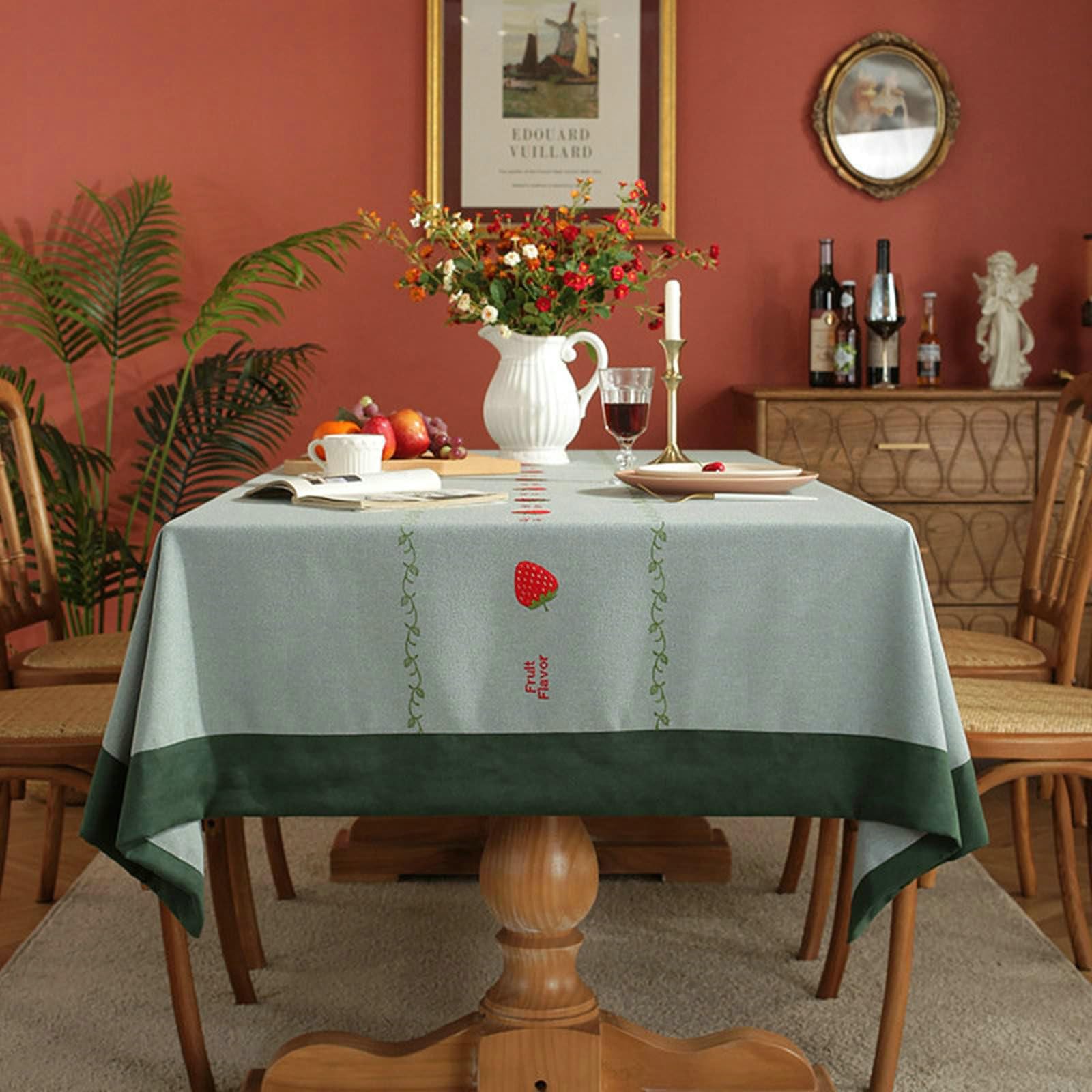 Gualiy Mantel Mesa Cocina Rectangular, Poliéster Mantel Mesa Sala 140x140CM Manteles Mesa Tela Antimanchas Bordado Fresa Mantel para Mesa Comedor, Verde
