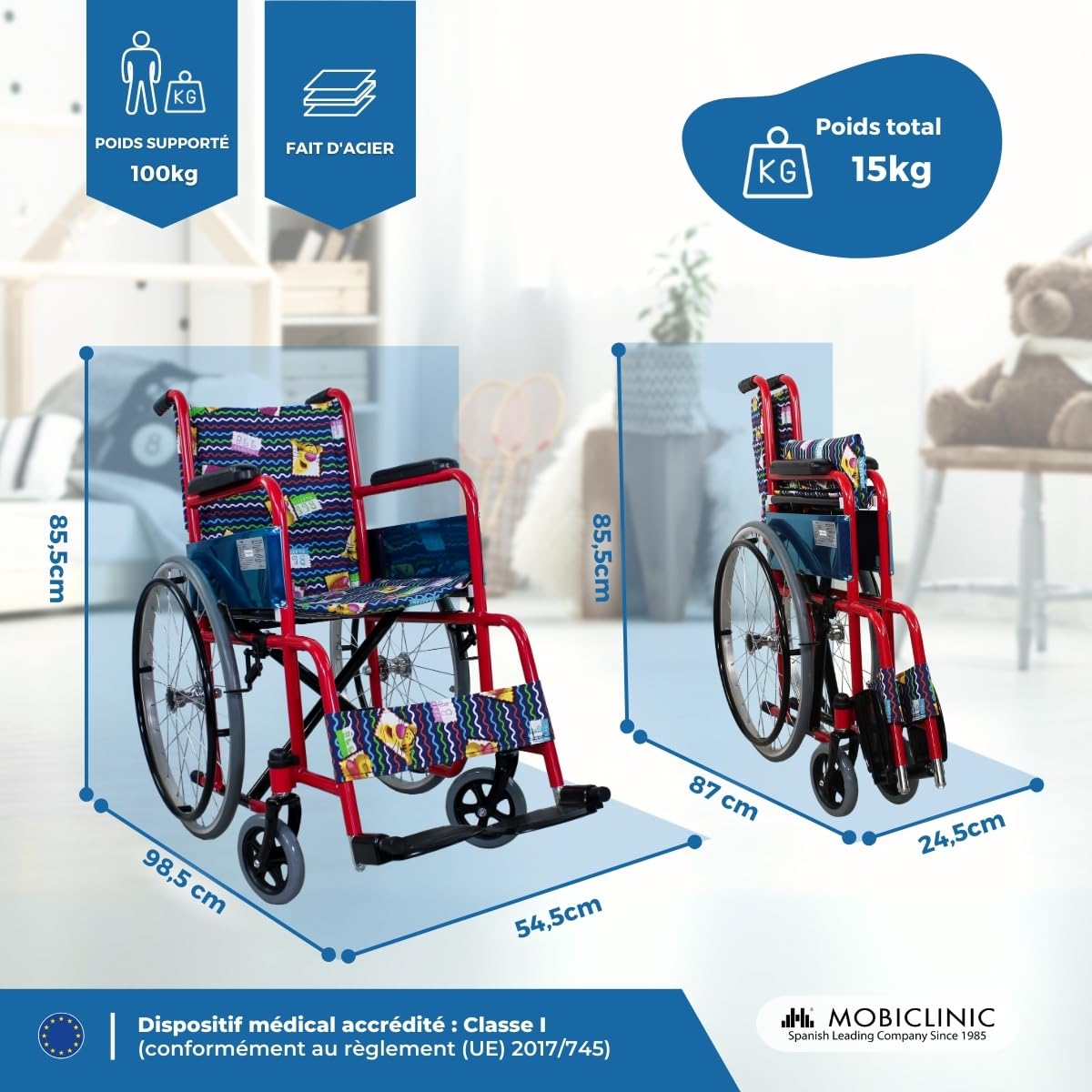 Mobiclinic, Fauteuil roulant pour enfants, Pliant, Theatre mod, Marque européenne, Accoudoirs et repose-pieds fixes, Siège de 40, 3 cm, Léger, Acier