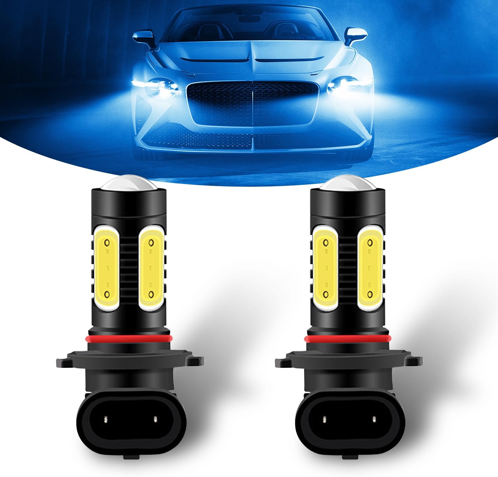 QODOLSI 2 PCS Car 9005 LED Bulbs, High-brightness COB Lamp Bead 6000K LED Waterproof Replacement, Plug and Play Effective Heat Dissipation Front Fog Lamp, Universal for Cars (Ice Blue)