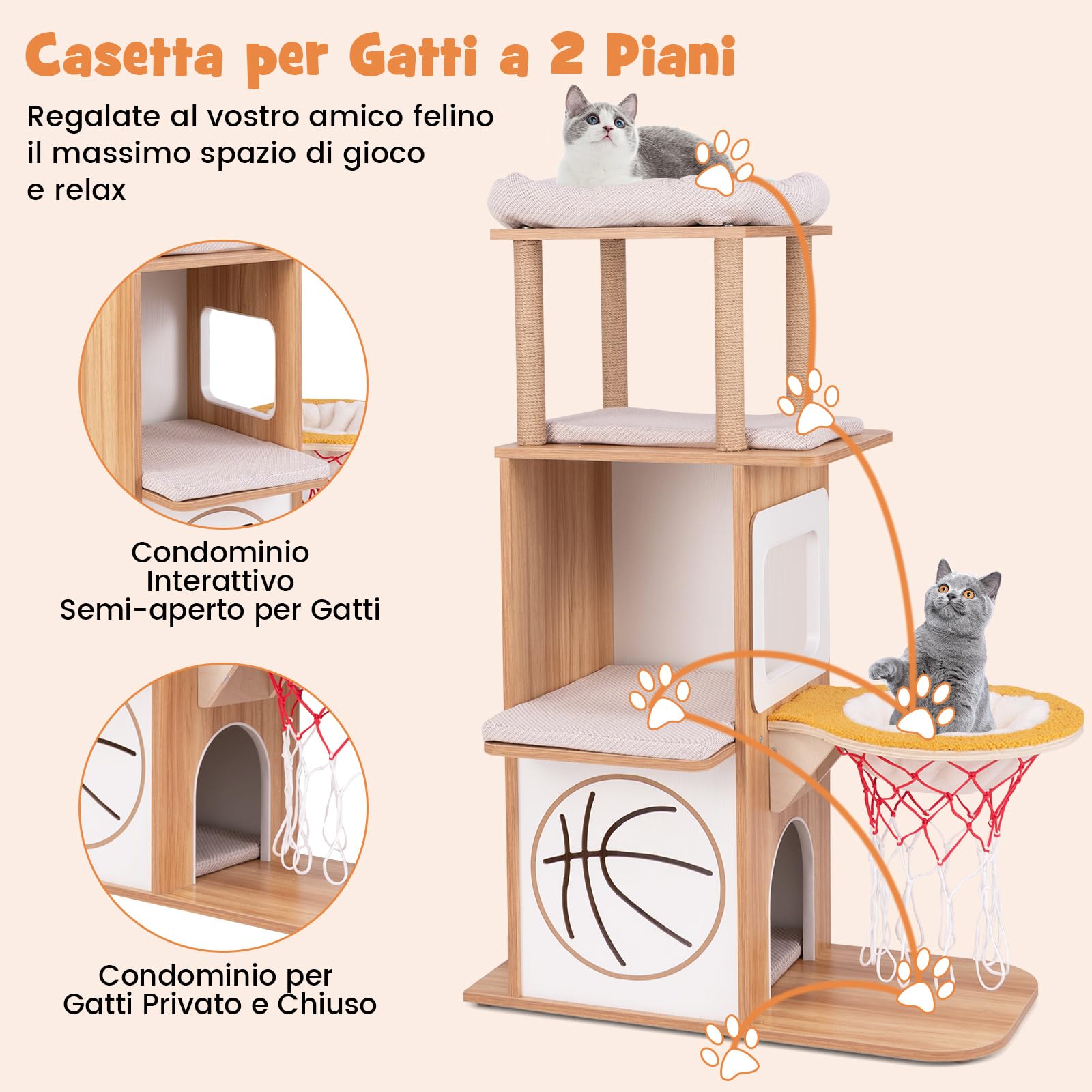 GYMAX Albero Tiragraffi per Gatti, 78 x 35 x 120 cm, Torre a 4 Livelli a Tema Sportivo con 2 Casette per gatti, Piattaforme, Amaca Canestro, Pali Tiragraffi in Iuta, Cuscini Rimovibili e Lavabili