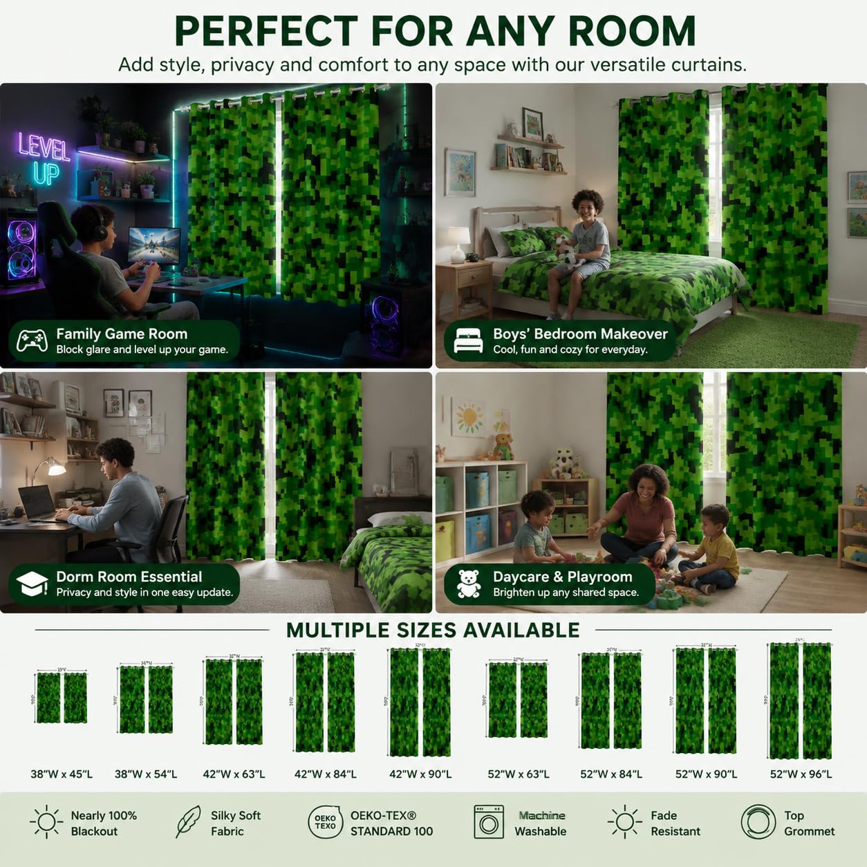 Grüne verpixelte Minenarbeiter-Vorhänge, Videospiele, Fenstervorhang, Kinder-, Jungen-, Mädchen-, Jugendzimmer-Dekor, Cartoon-Gamepad-Fensterbehandlungsvorhang, modern, geometrisch, kariert