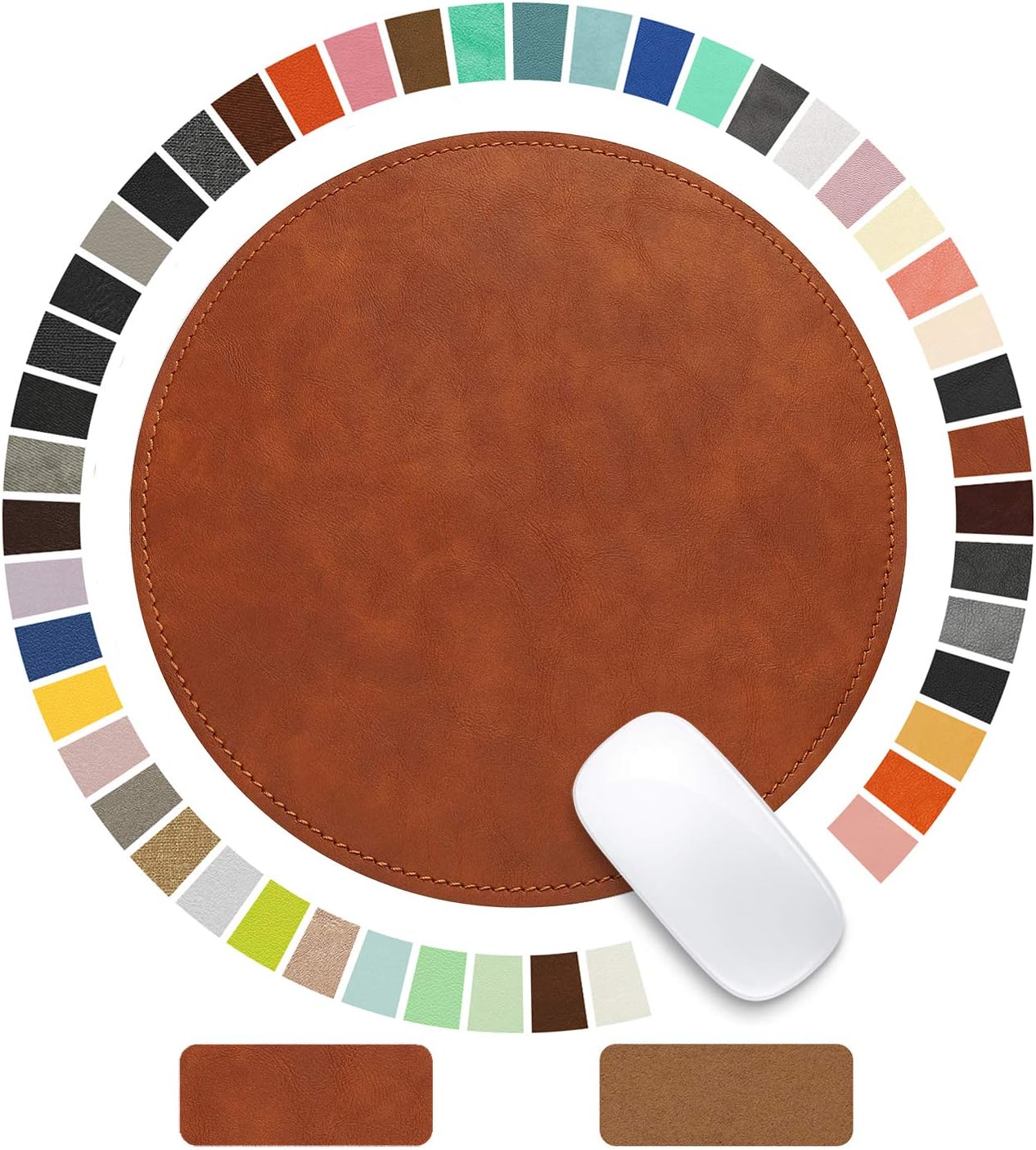 Mouse Pad,Round Mouse Pad,PU Mouse Pad,Leather Mouse Pad with Stitched Edge Micro-Fiber Base with Non-Slip Waterproof,Mouse Pad for Computers,Laptop,9 x 9 Inch (Caramel Brown)