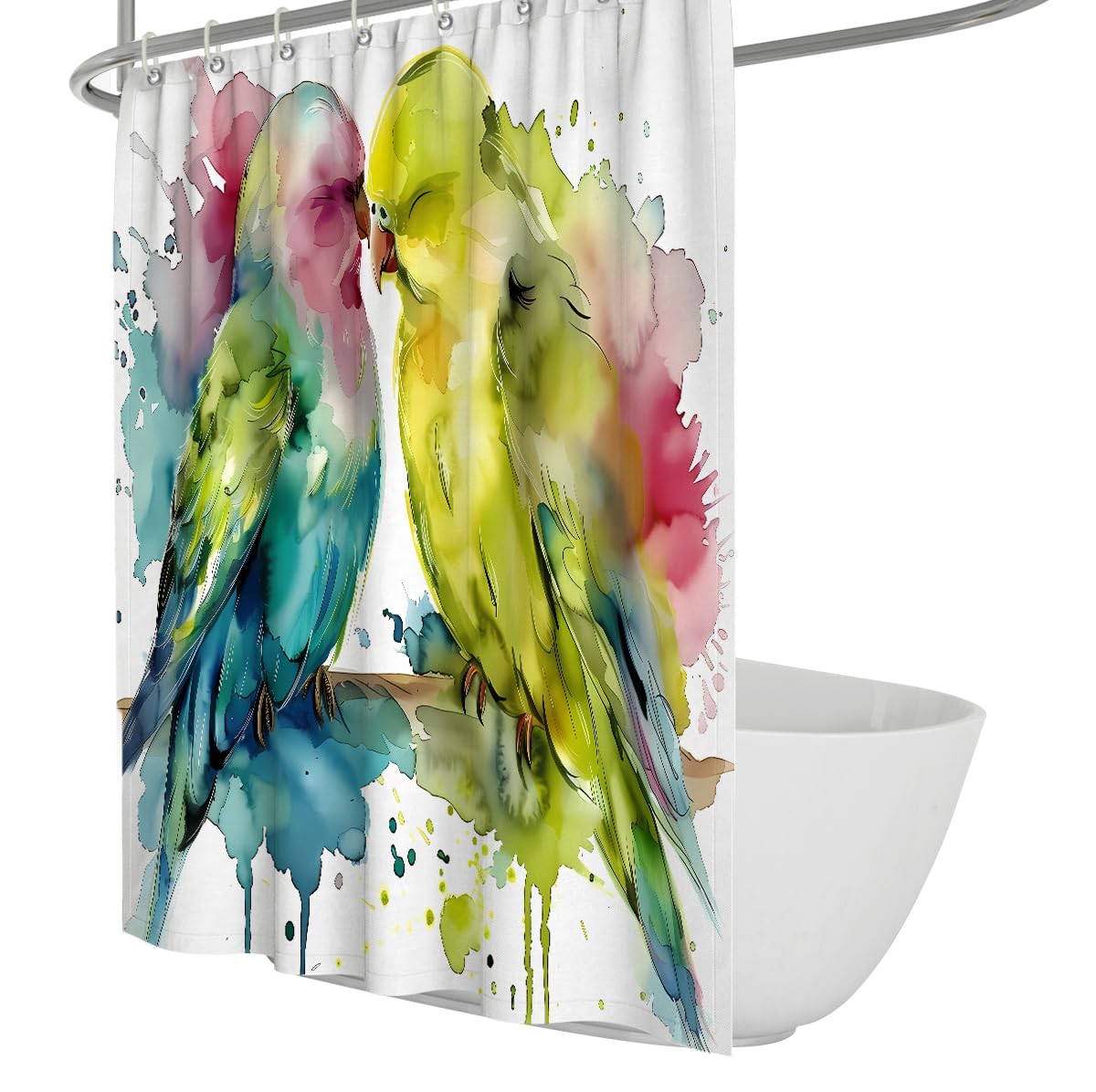 UERWOWELL Parrot Shower Curtain Watercolor Lovebirds Bath Curtains with Hooks Cute Tropical Bathroom Decor Waterproof Polyester Fabric Washable W150xL180 cm