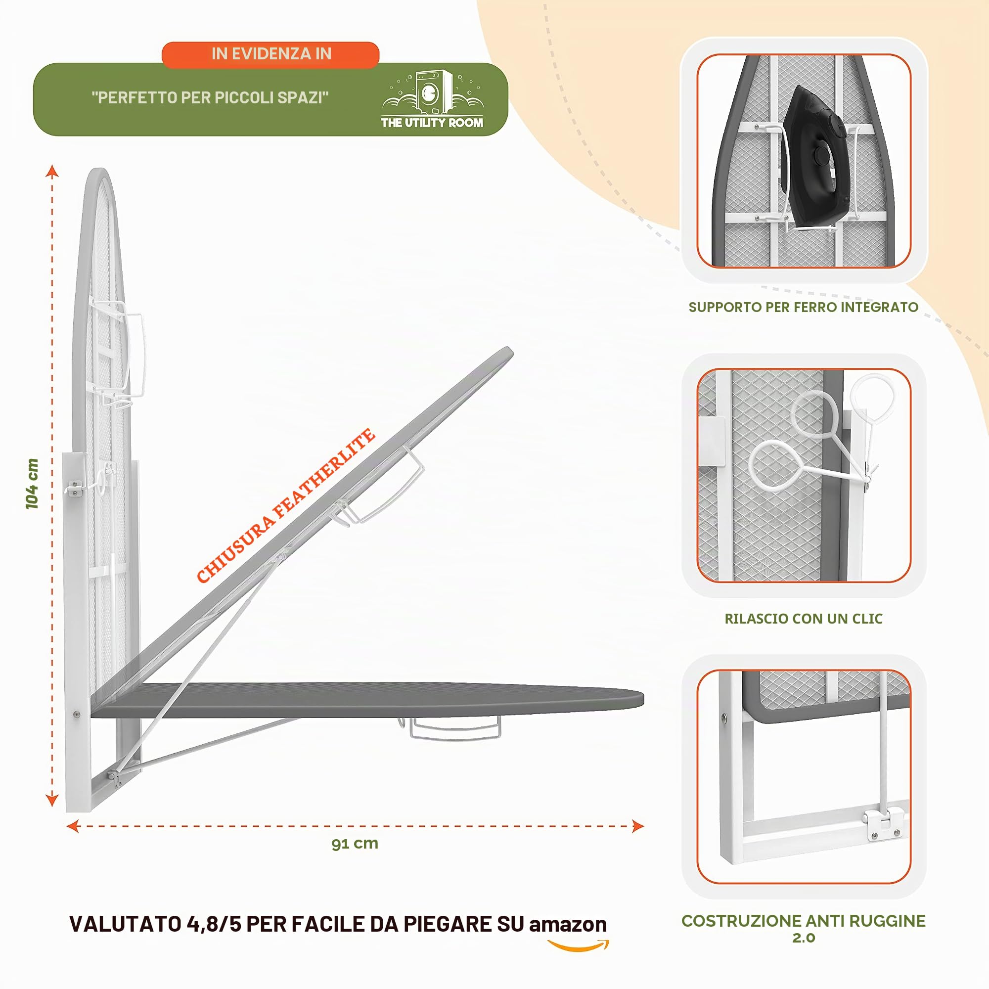 XABITAT - Asse da stiro a parete con supporto in ferro, 92 x 31 cm, pieghevole e compatto, per piccoli spazi, salvaspazio, con rivestimento in tessuto di cotone, bianco e blu | Design salvaspazio, rivestimento in cotone, misura compatta per lavanderia e a