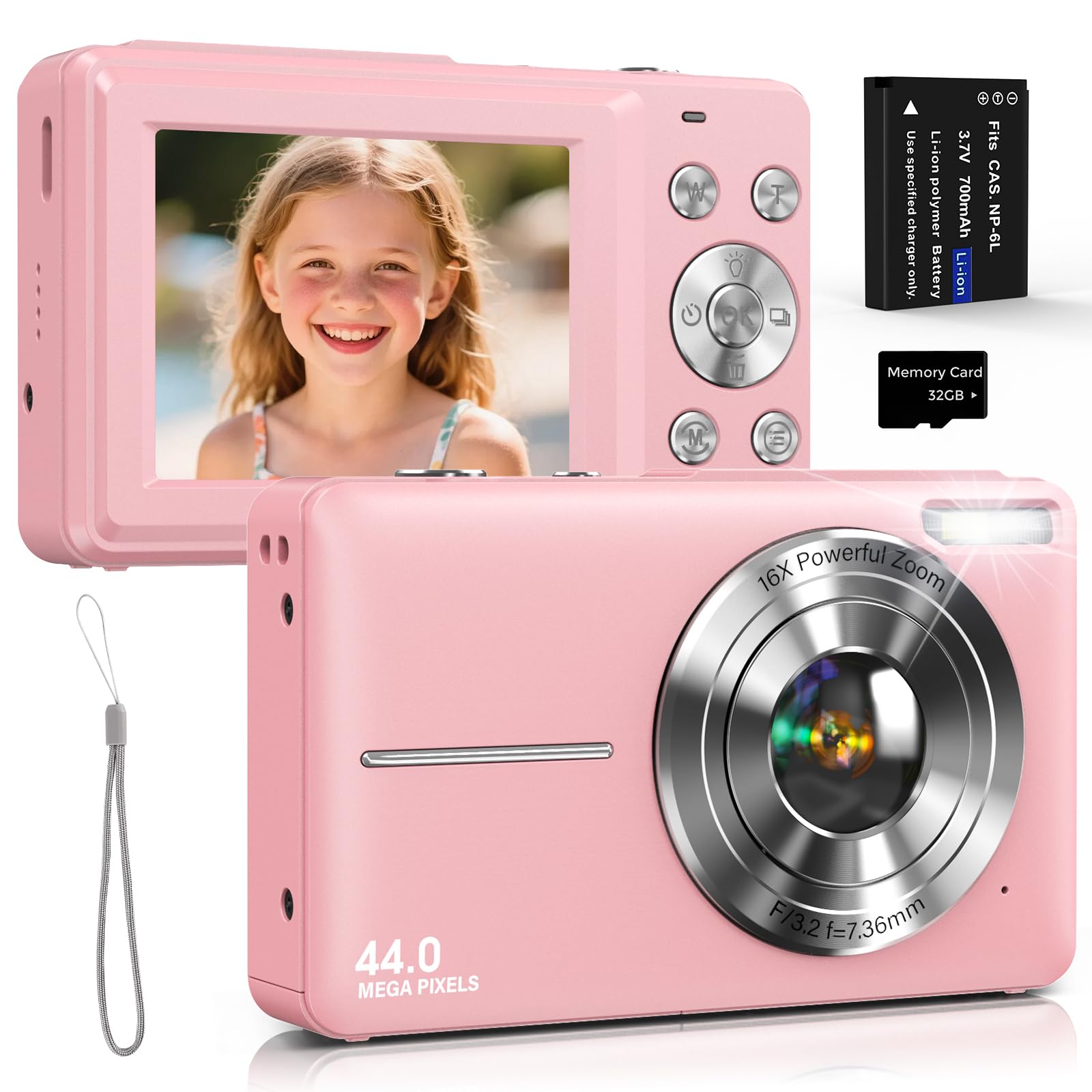Digitalkamera Fotokamera 44MP Kamera Fotokamera mit 1080P HD Video, Anti-Shake, 2,4 Zoll IPS Display, 16X Digitalzoom, 32GB Karte, 1 Akku für Teenager & Kinder Rosa