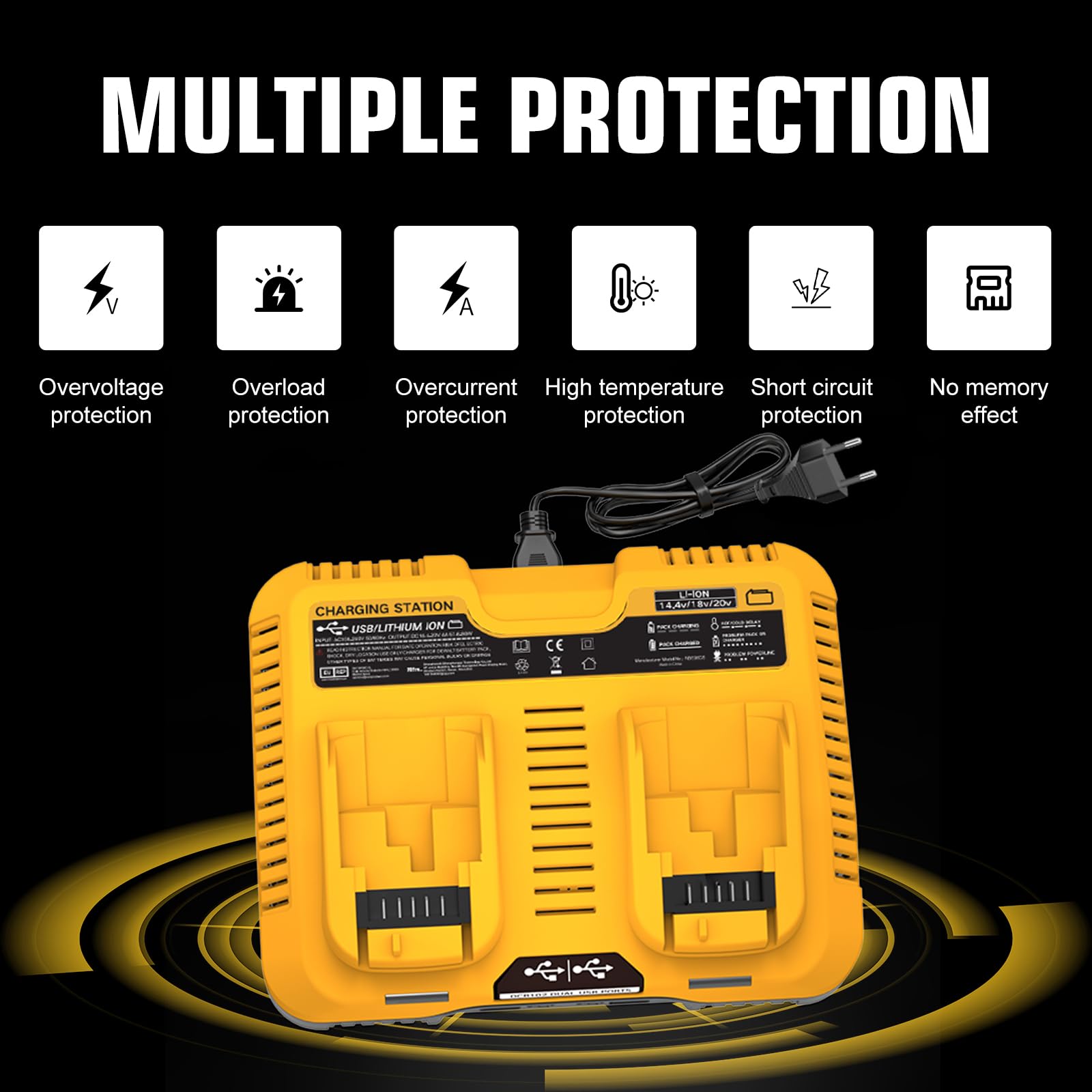 Batterie 2 pièces 10,0Ah de Rechange pour Dewalt Batterie 18V + 1 pièce 3A DCB107 pour Dewalt Chargeur 10,8~20V Chargeur de Batterie avec Affichage LED (Tout Jaune)