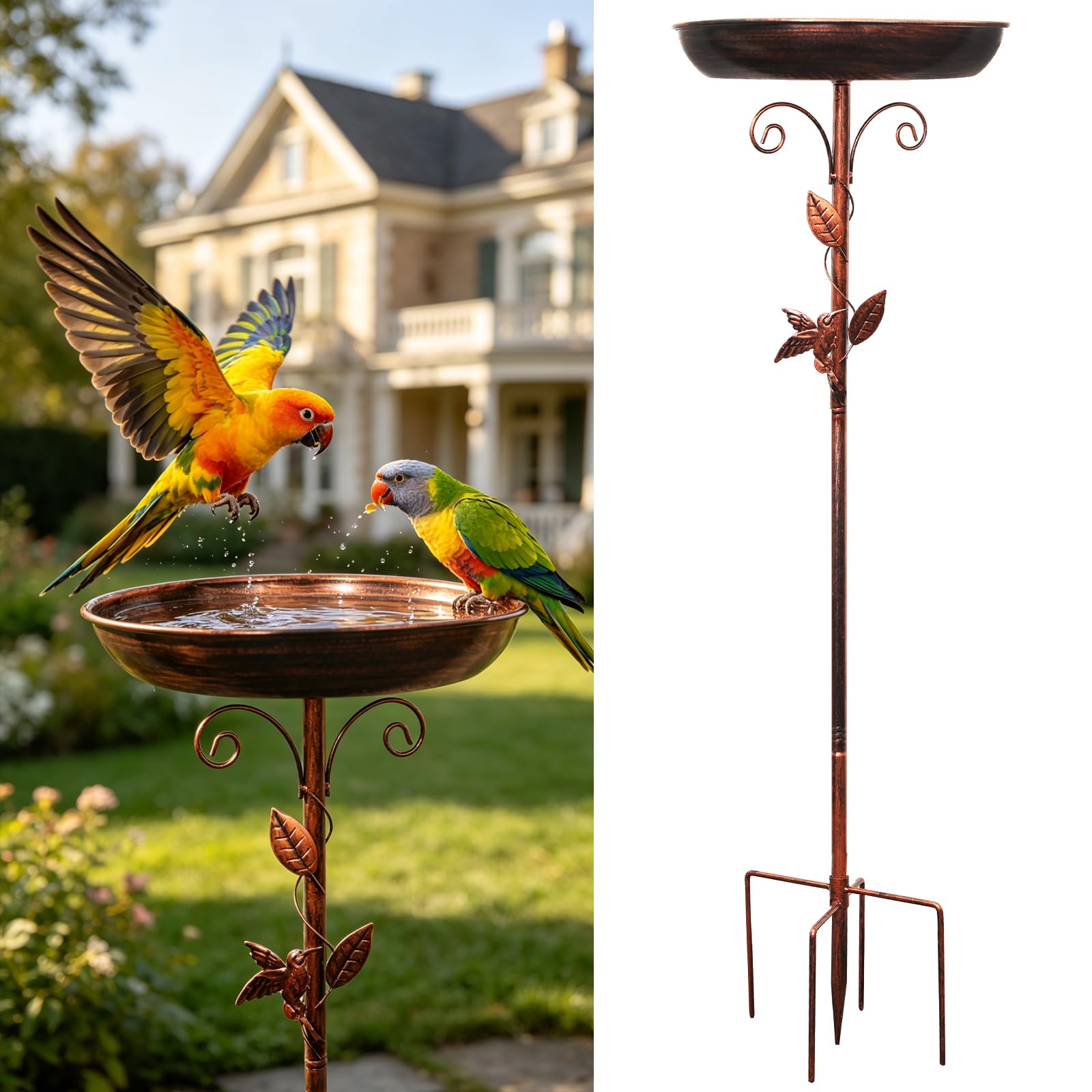 Vogeltränke Stehend, 100cm/39.5inch Vogelbad Garten, 3-in-1 vogeltränke metall mit Vogelrelief, für Draußen Garten Hof Rasen