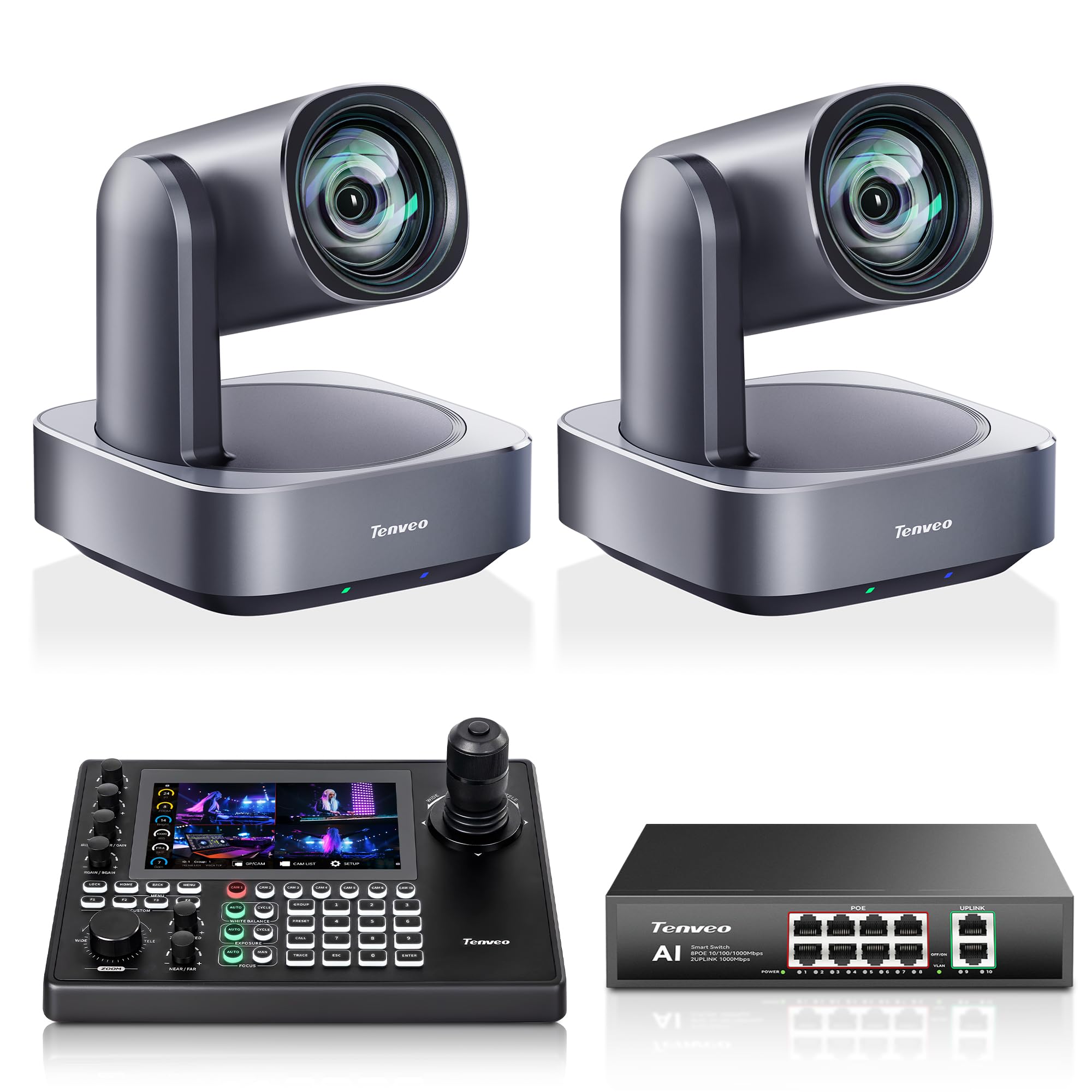 Tenveo Kit Caméras PTZ et Contrôleur 3 Caméras PTZ 4K avec Suivi Automatique IA 12X (HDMI/USB3.0/LAN PoE) et Contrôleur Joystick 4D avec Écran Tactile 7" Quad-View pour Live Streaming