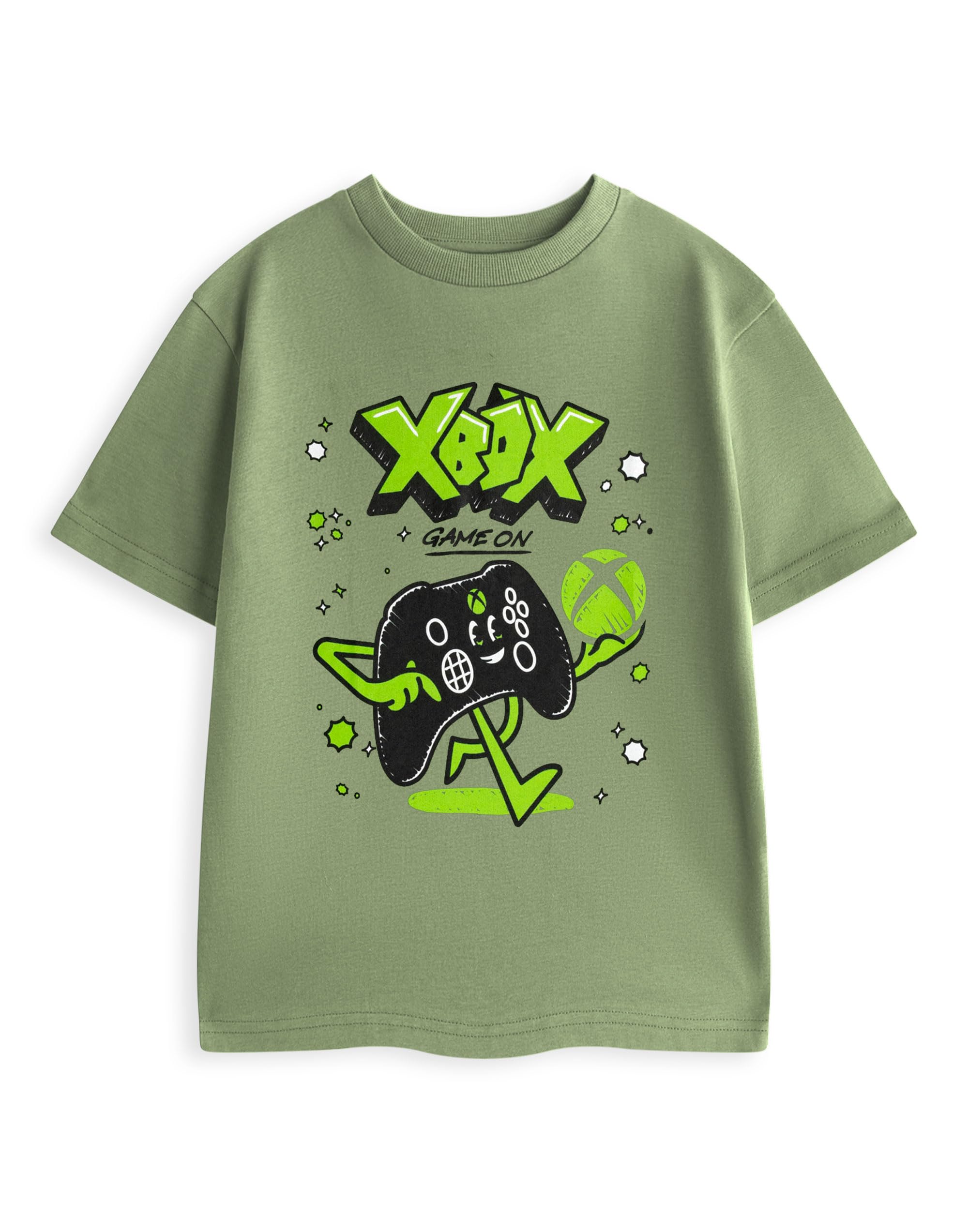 Xbox Boys Khaki Game Controller Sage Green Graphic Tee | Short Sleeve T-Shirt With Game On Print | Neon Yellow & Black Cartoon Top | Kids Gaming Merch Merch - 11-12 Years
