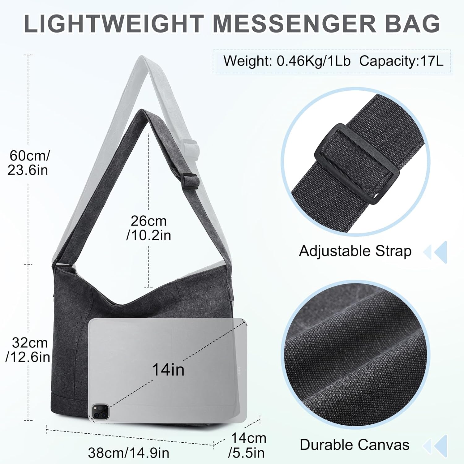 VASCHY Canvas Messenger Tote Bag, Lightweight Casual Crossbody Slouchy Shoulder Hobo Side Bag for Men and Women - Image 2