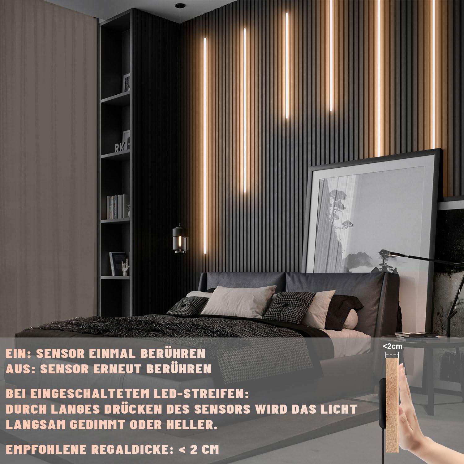 Lichaser Schwarz Eingebetteter LED für Akustikpaneele, 6 Dimmbar LED Strip Warmweiss für Wandpaneele Parallel mit Sensor, Selbstklebend Licht für Akustikpaneel, Regal (2 * 40+2 * 60+2 * 90 cm)