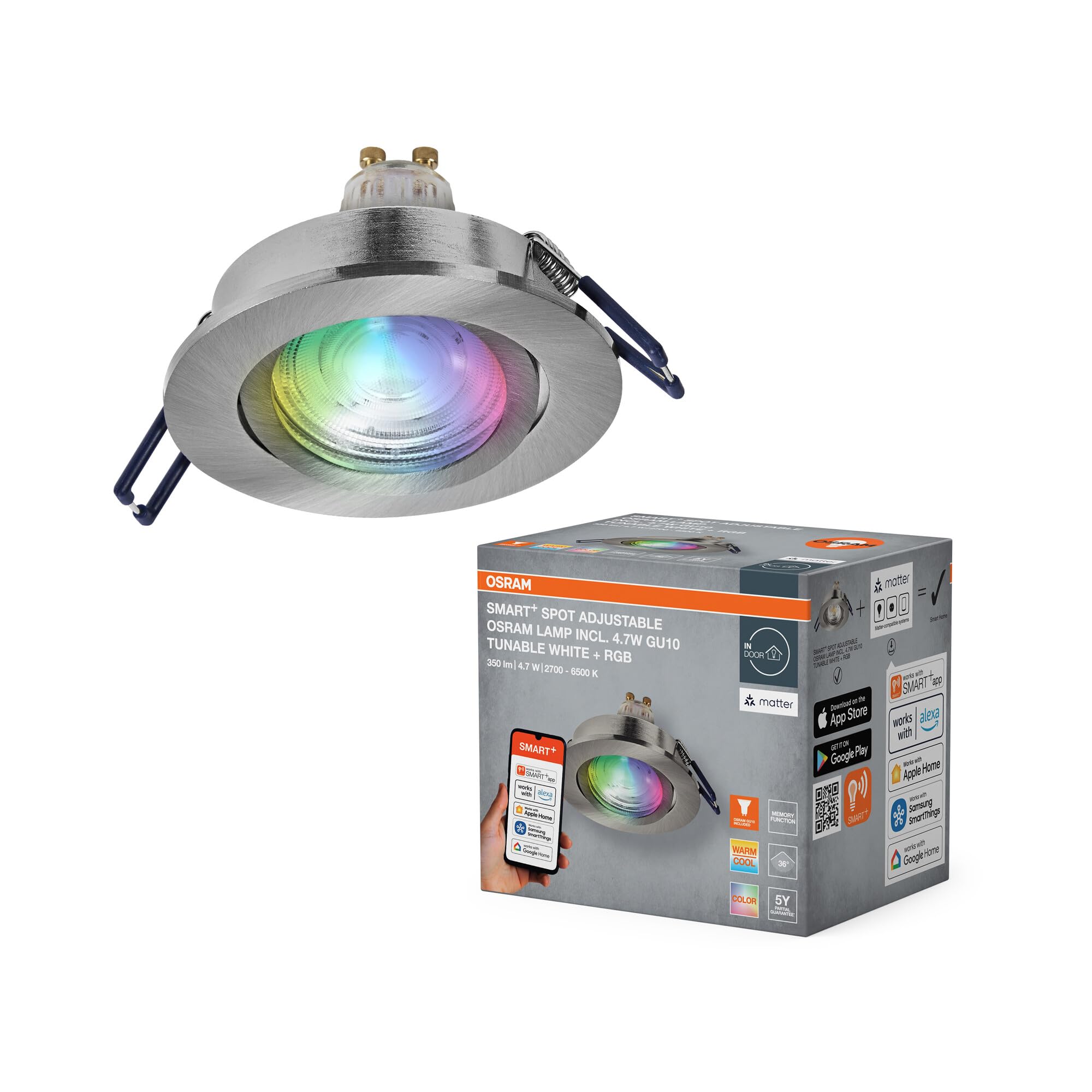 Osram Smart Matter LED Spot GU10 RGBW Flexibel Satin-Nickel, 4,7W Smart Home, Aluminium, App-Steuerung Farbwechsel