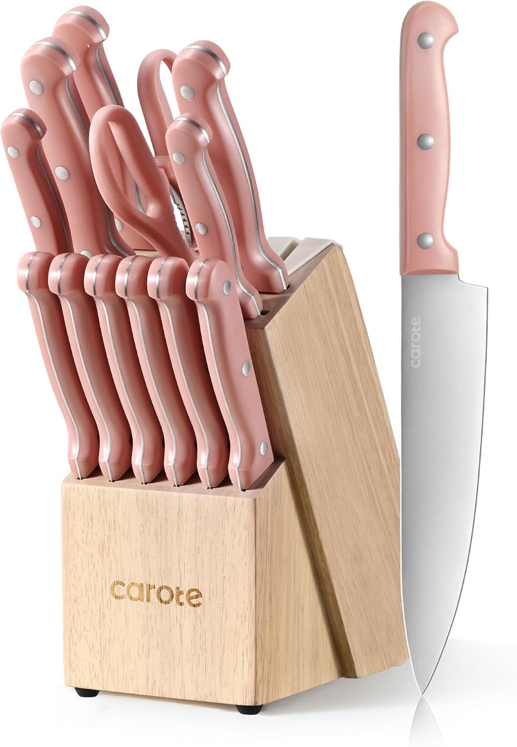 CAROTE 14 Pieces Knife Set with Block, Forged, High Carbon Stainless Steel Sharp Blade Block Knife Set, Dishwasher Safe Cutlery, Sandstone Pink CAROTE 14 Pieces Knife Set with Block, Forged, High Carbon Stainless Steel Sharp Blade Block Knife Set, Dishwasher Safe Cutlery, Sandstone Pink