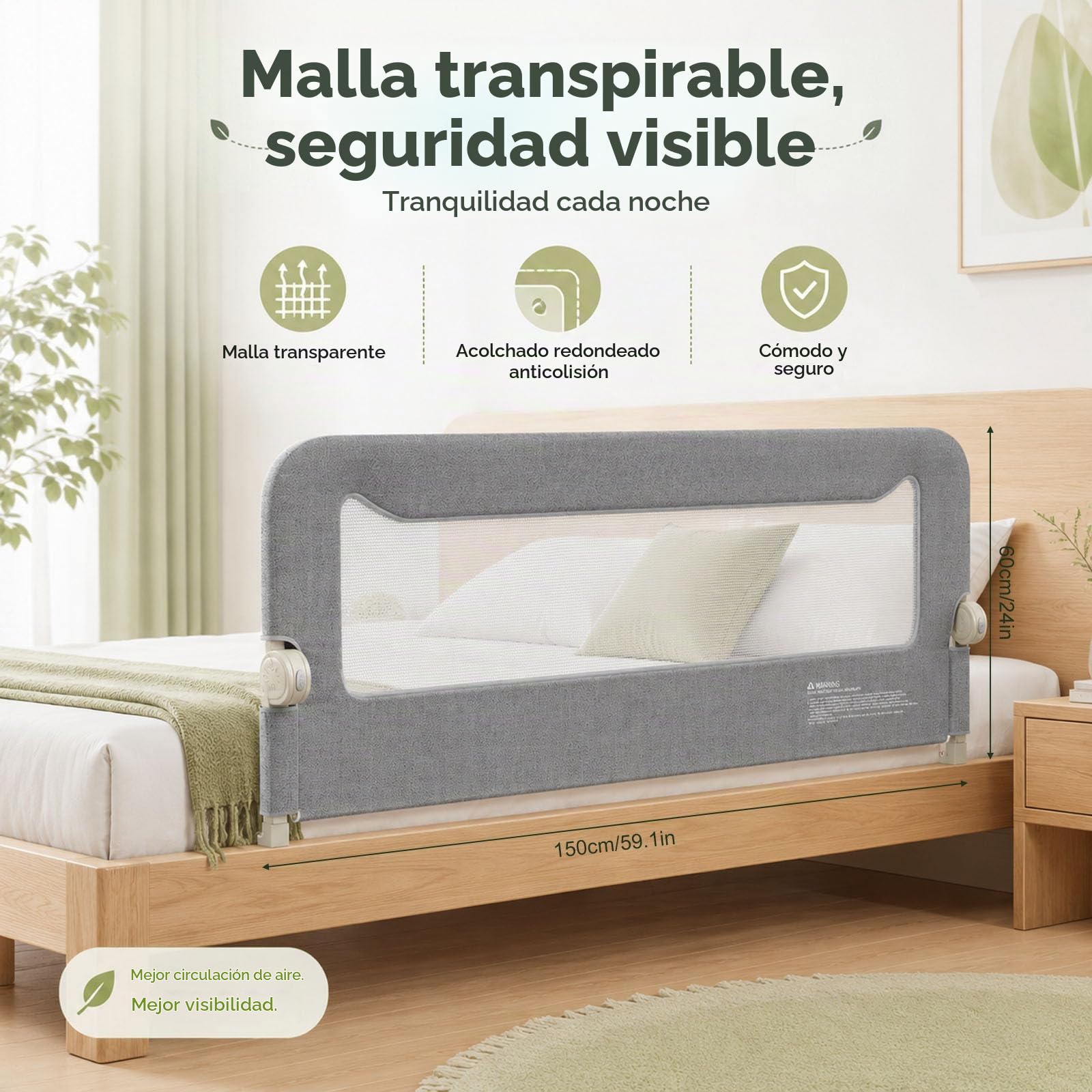 EPROICKS Barrera de cama plegable con sistema de apertura total, 150 cm, con marco de acero reforzado, apto para somieres de cama de altura regulable de todo tipo (gris)