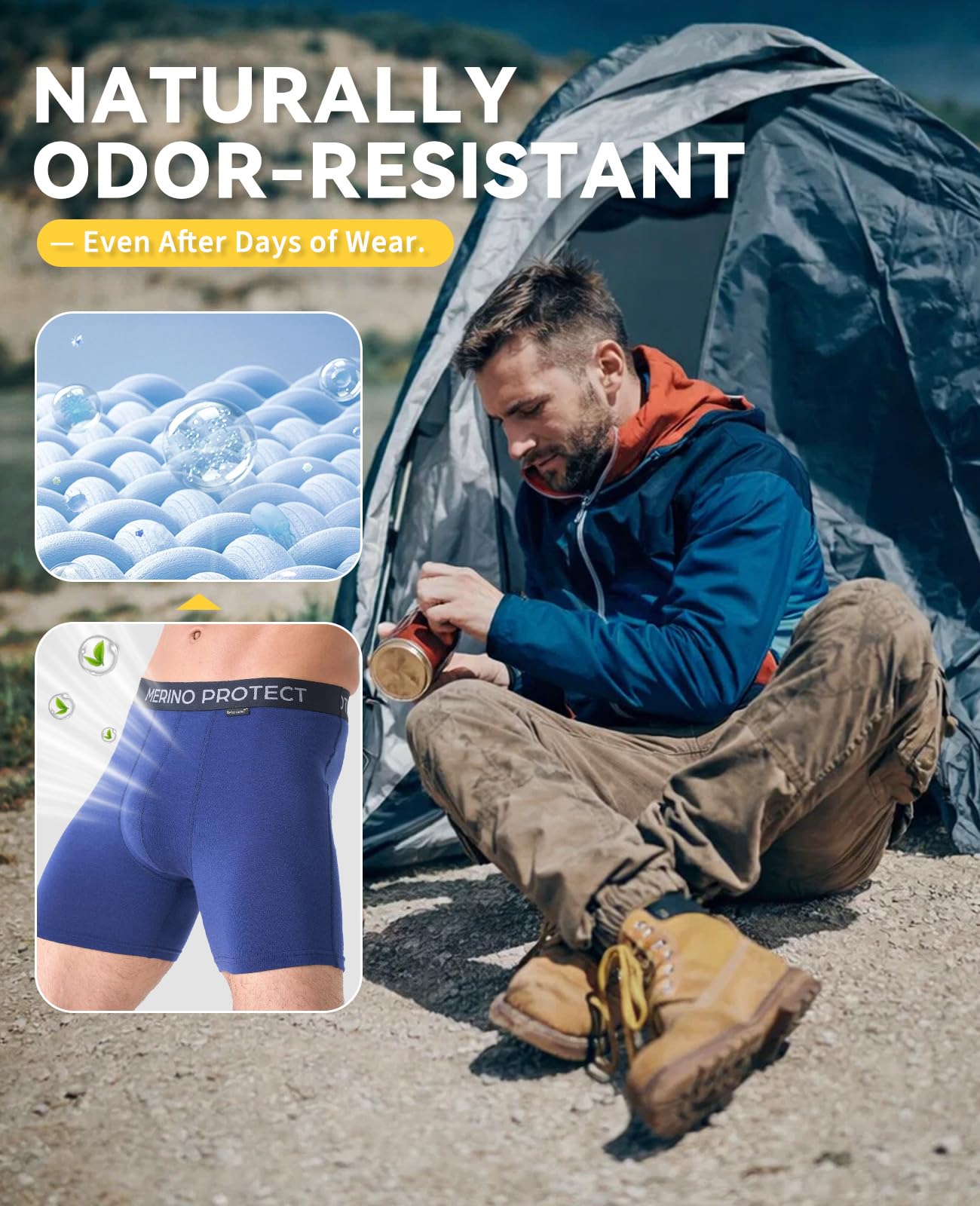 Merino Protect Caleçons en Laine Mérinos Hommes Résistant Aux Odeurs Calson Évacuation de l'humidité sous-Vêtements pour Les Randonnées Longs Vols