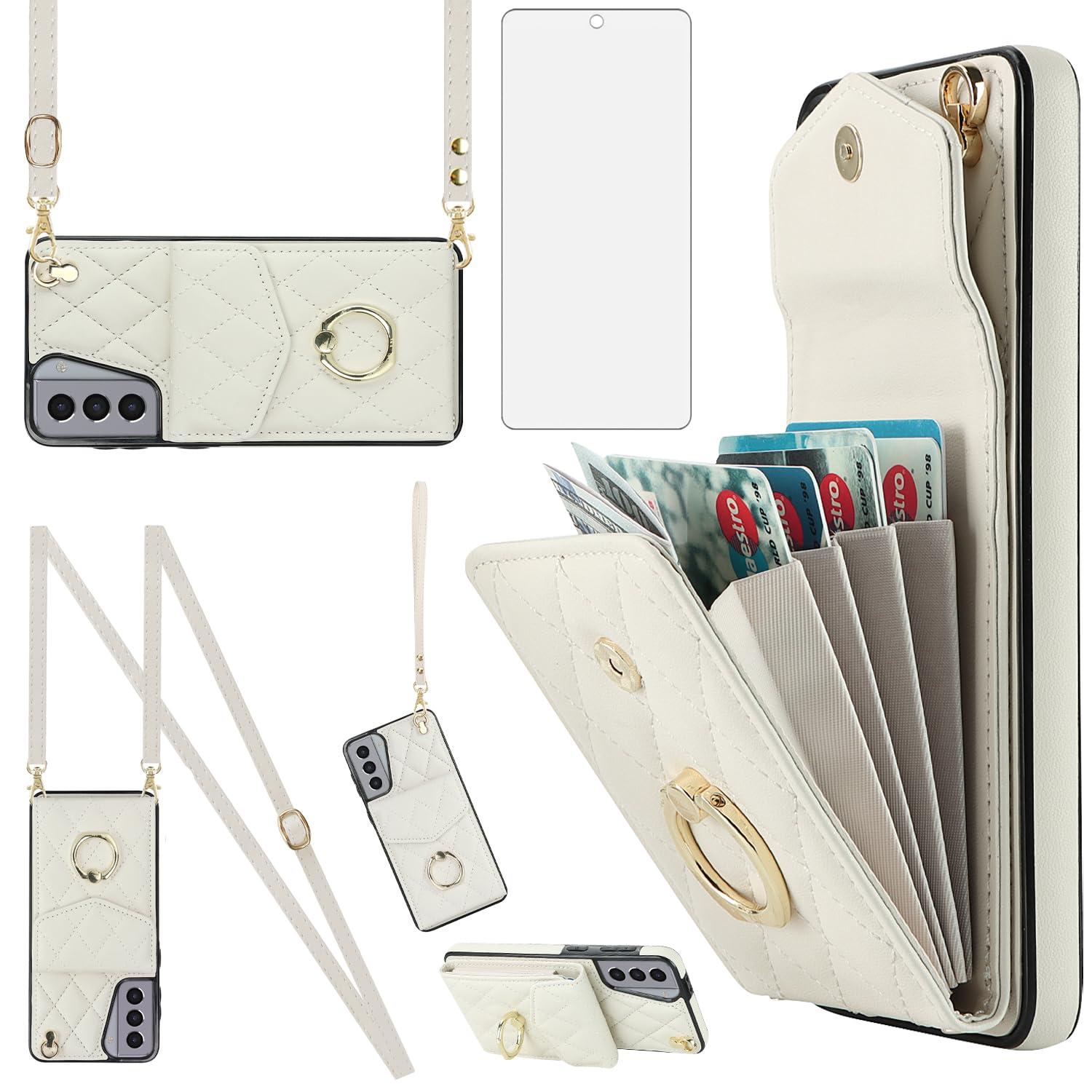 Asuwish Handyhülle für Samsung Galaxy S21 5G 6,2 Zoll (15,7 cm) Wallet Cover mit gehärtetem Glas Displayschutzfolie und Crossbody Handgelenkschlaufe Ring RFID Blockierung Kreditkartenhalter Zelle S 21