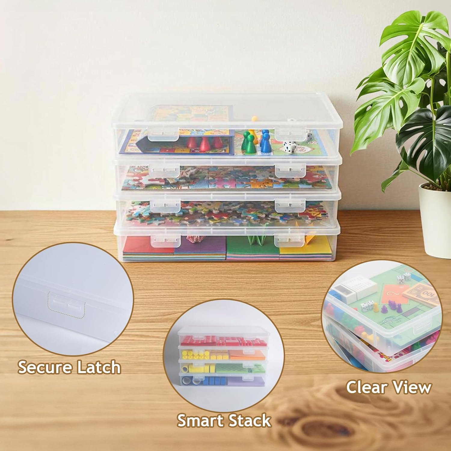 Board Game Storage, 3 Pack Stackable Board Game Storage Containers with Snap Tight Latch Lid, Portable Plastic Case Bin for Games Puzzle Magazine A4 Paper Craft Hobby, Fit 8.5 x 11 Paper