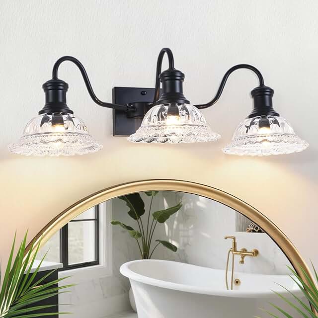 Vintage Bathroom Light Fixtures, 3-Light Matte Black Vanity Light with C...