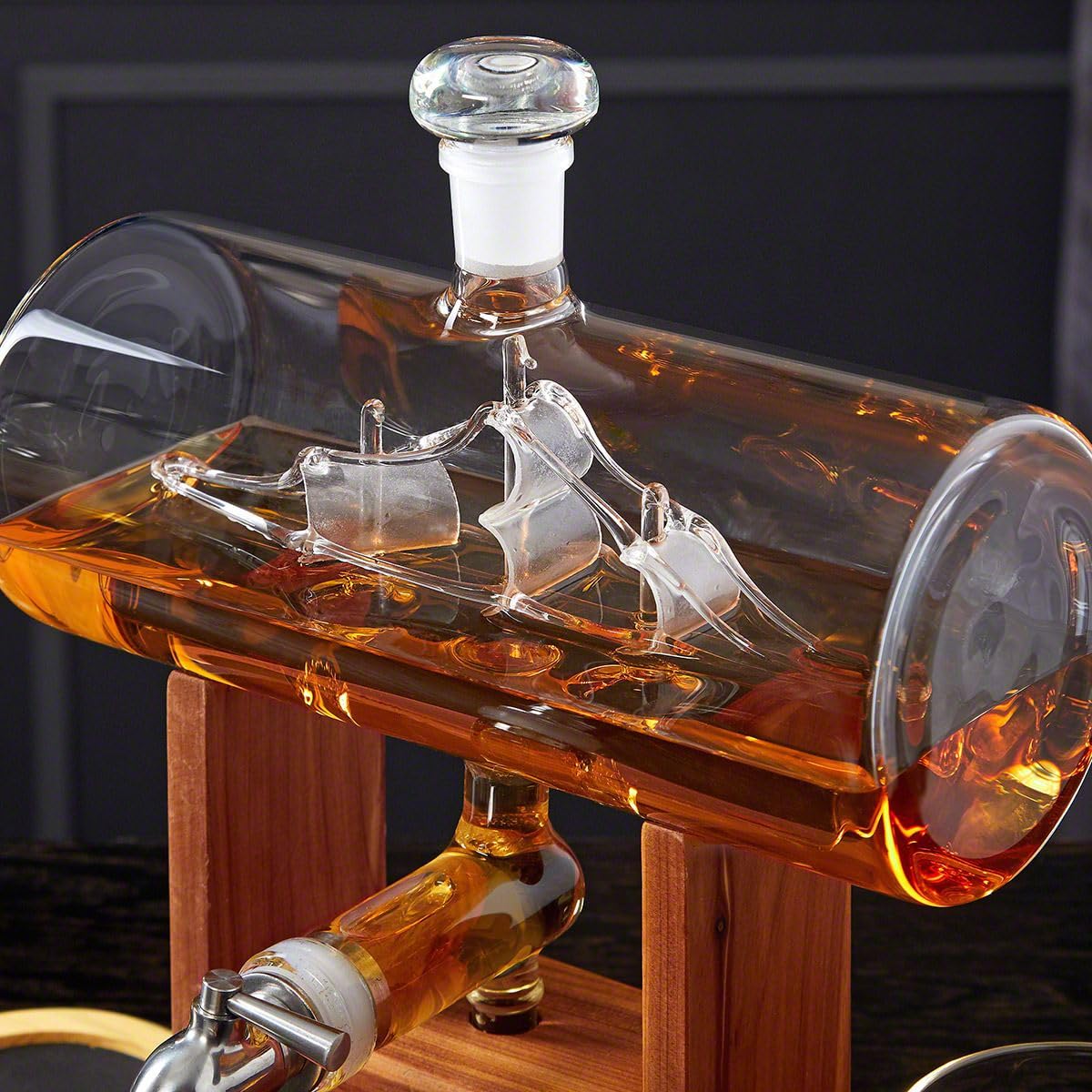 Ship in a Bottle Decanter With Two Glasses