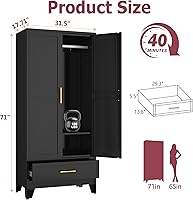 Vista 2 de Armario Ropero de Acero, Armario Guardarropa Doméstico de 71", Gabinete Guardarropa con 2 Puertas, 1 Estante Ajustable y 1 Cajón, Gabinete de 1
