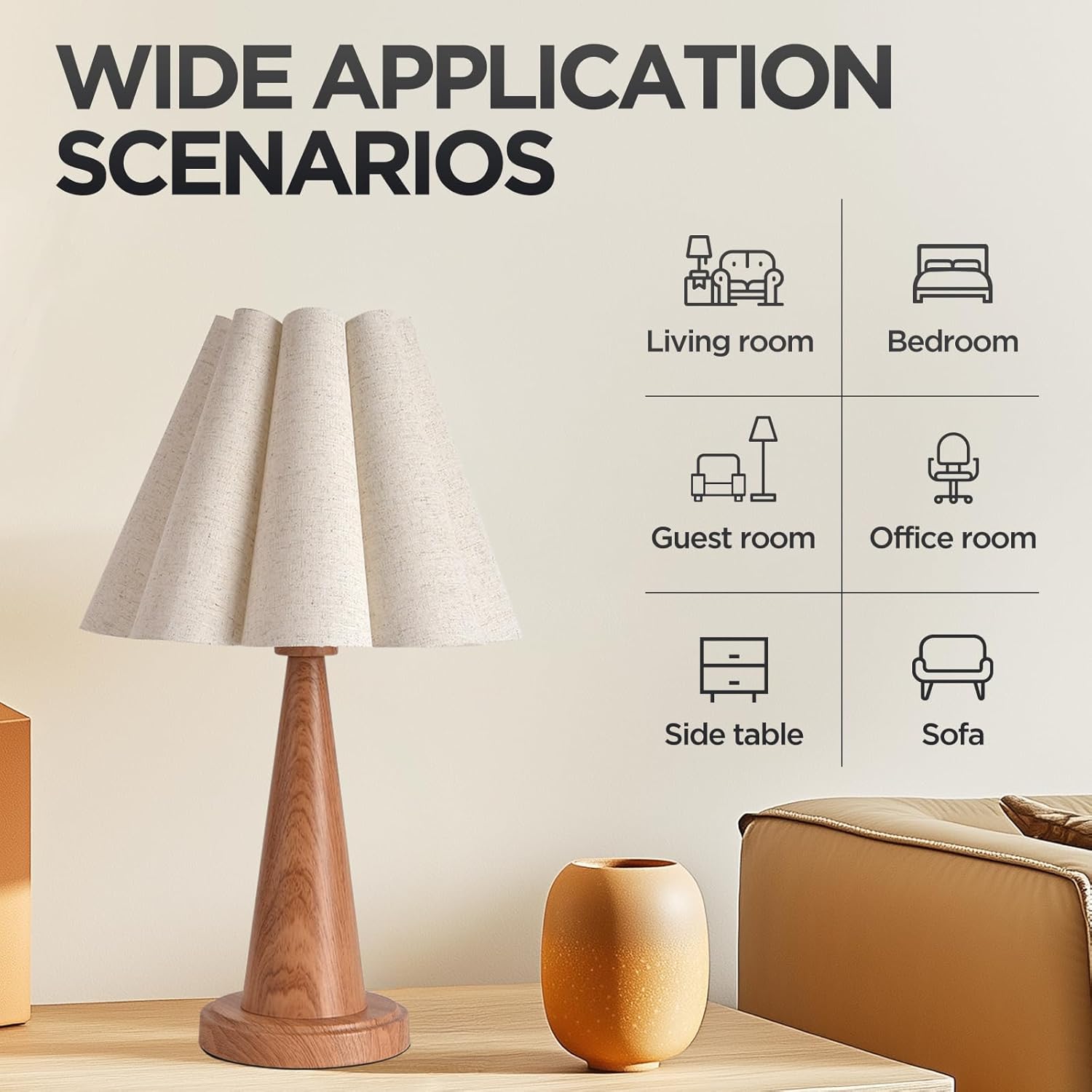 Modern Table Lamp with Petal Linen Lampshade, Light Faux Wood Metal Base, 20.5” Bedside Nightstand Lamp for Bedroom, Living Room, Office, E26 Base, Max 60W (Bulb Not Included)