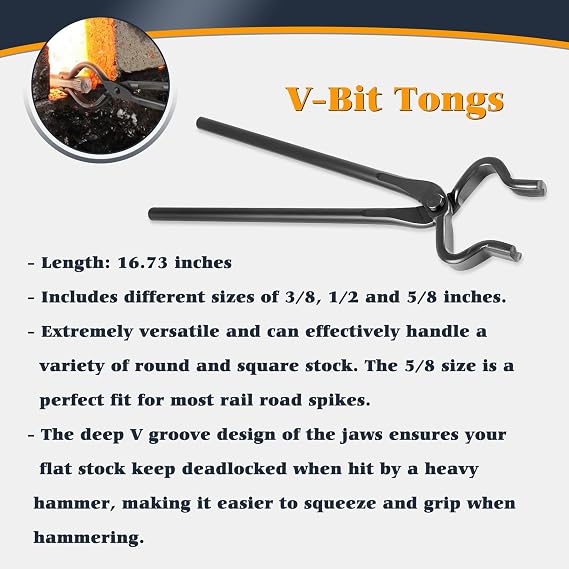 Blacksmith Tong - 3/8 1/2 5/8 V-Bit, 1/4 Flat Jaw, Pick Up, Scroll