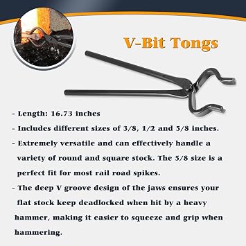 Blacksmith Tong - 3/8 1/2 5/8 V-Bit, 1/4 Flat Jaw, Pick Up, Scroll