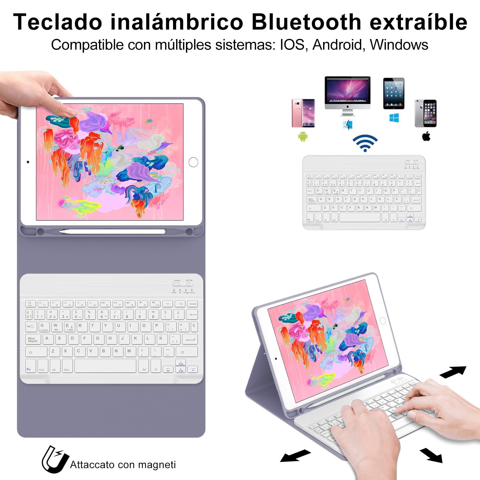 IVEOPPE Teclado iPad 6 Generación 9.7" 2018, Funda Teclado Español Ñ Bluetooth Magnética Wireless para iPad 6a/5a/Pro 9.7/Air 2/Air 1, Púrpura Lavanda