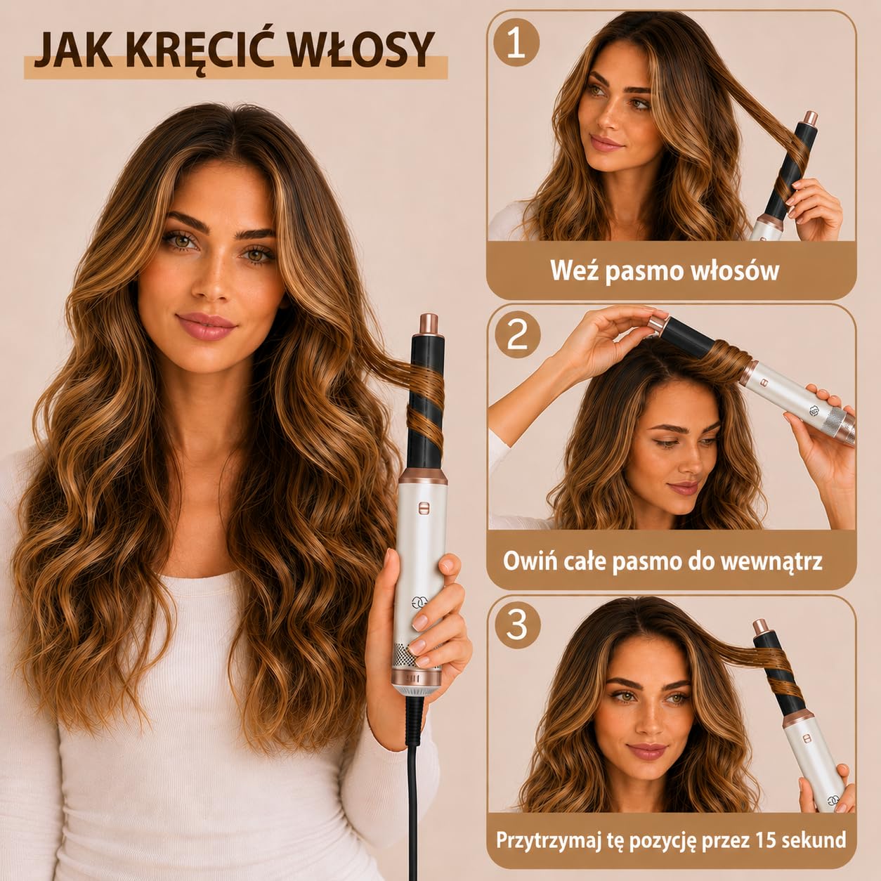 Golden Goods Airstyler Lokówka 5 w 1 - Szczotka do loków - Wielofunkcyjna suszarka do włosów z 5 nasadkami - Prostownica 1000 W - edycja sandstone