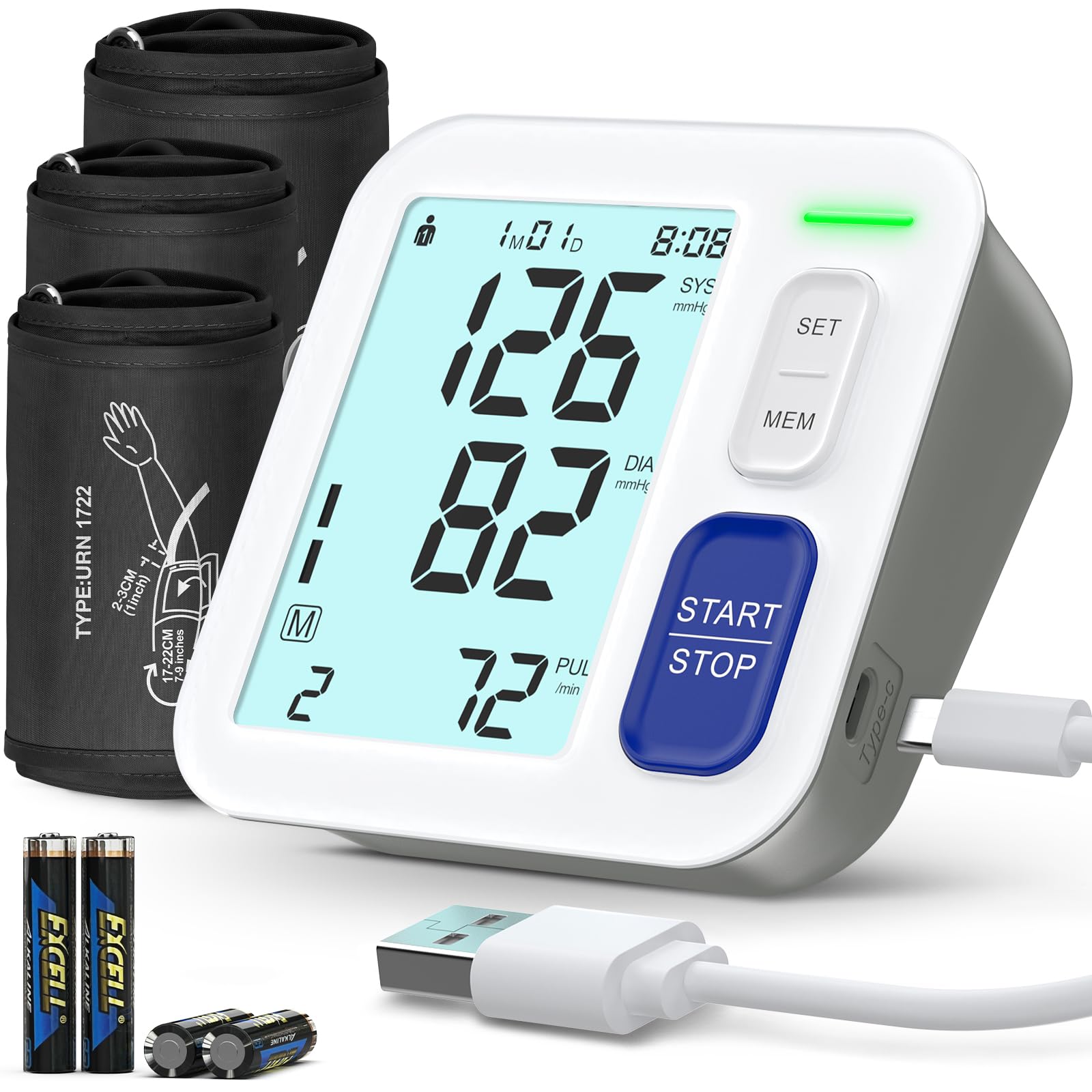 Brazo superior para monitor de presión arterial, 3 tamaños incluidos, pequeño de 17,78 a 22,8 cm, M 22,8 a 43,2 cm y manguito XL de 33 a 53,3 cm, digital automático preciso