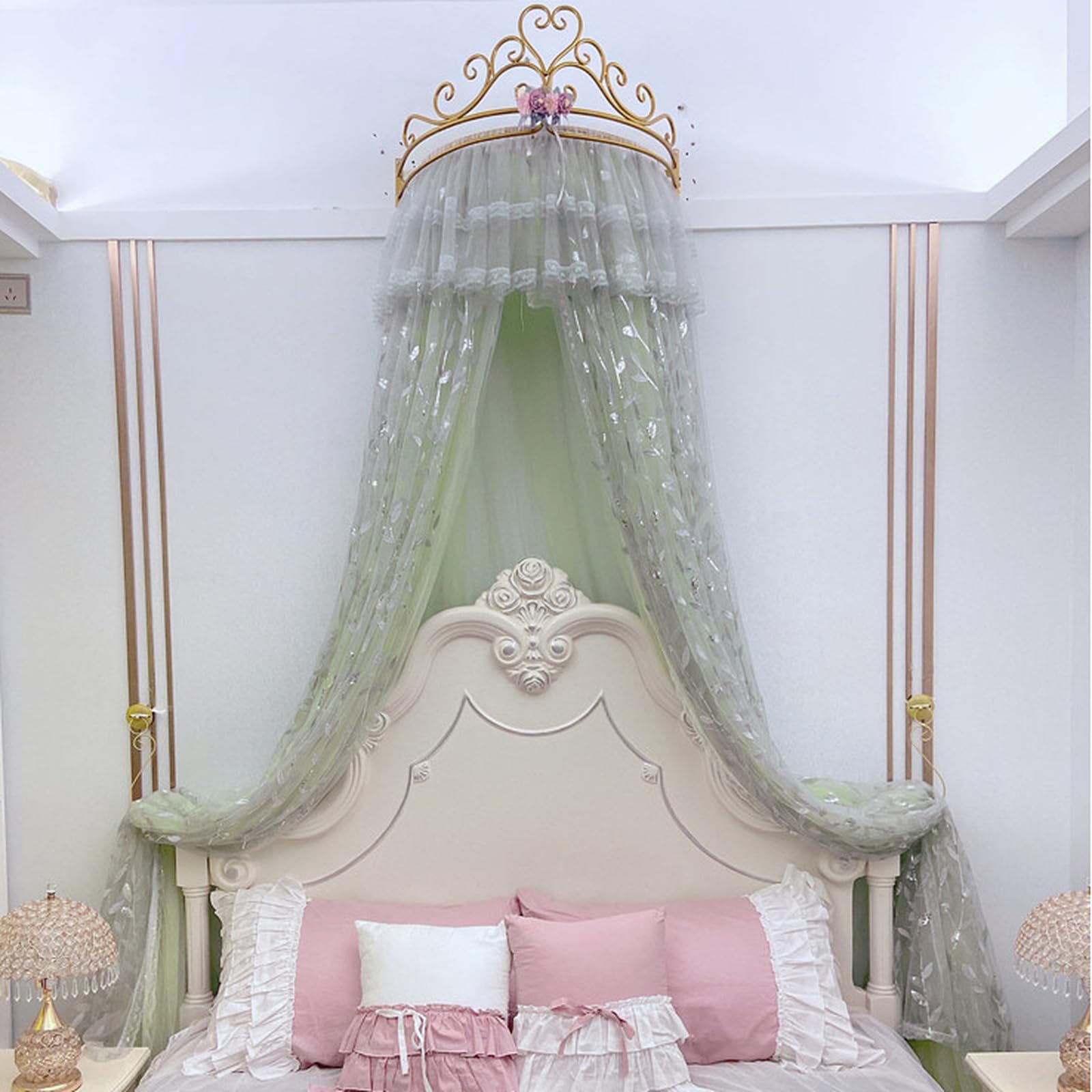 SDCGB Princess Bed Canopy for Girls & Adults, Royal Luxurious Cozy Bed Curtain with Crown, Double Layer Decorative Drapery, Green