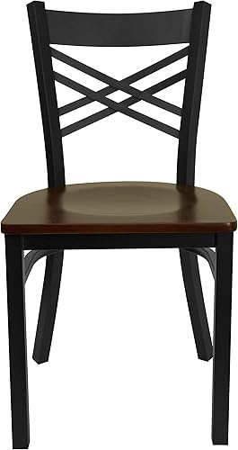 Miniatura 6 de Flash Furniture HERCULES Series Black ''X'' Silla de restaurante de metal con respaldo  Asiento de madera de caoba