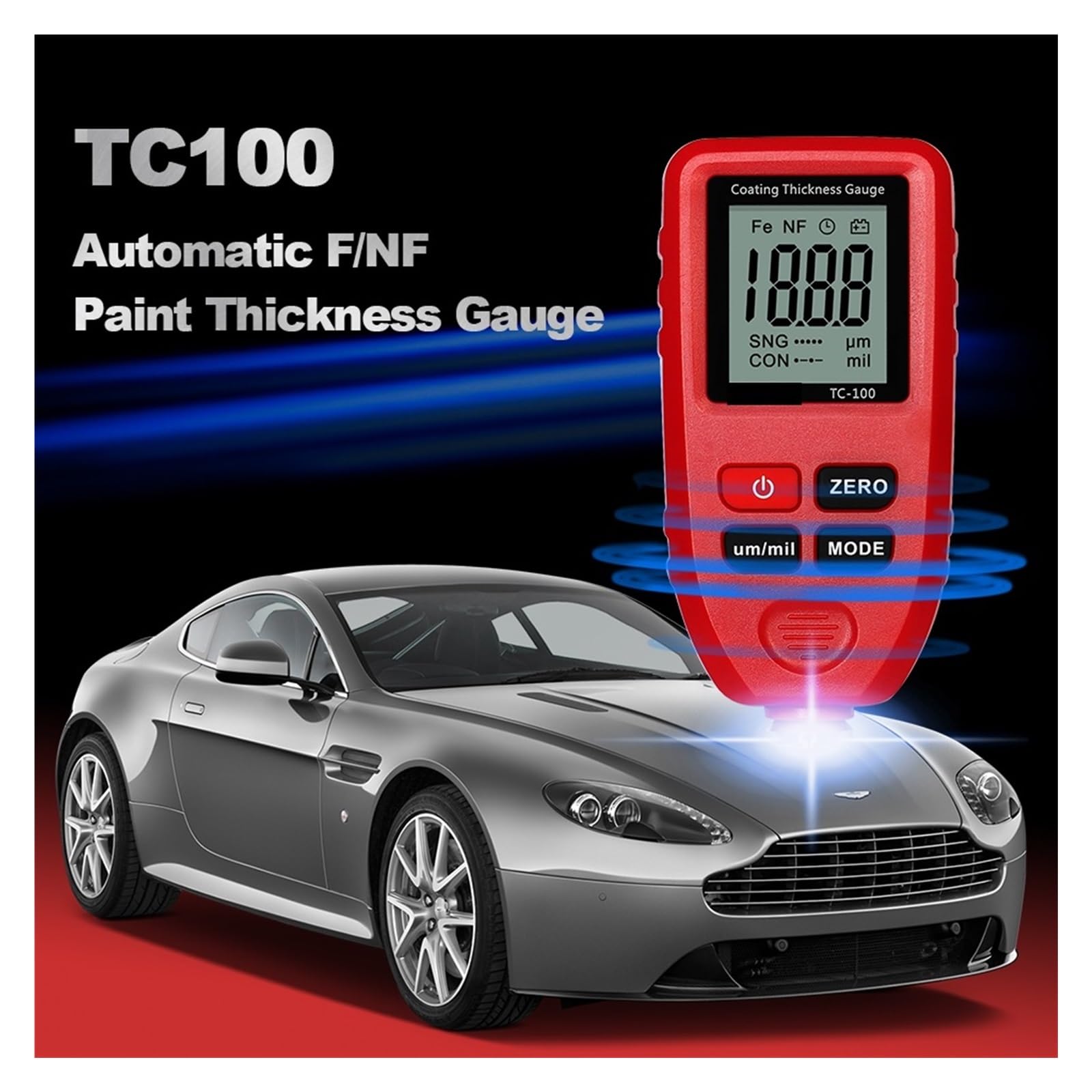 TC100 miernik grubości lakieru samochodowego 0.1um/0-1300 pomiar,Dokładny czujnik | Black no battery
