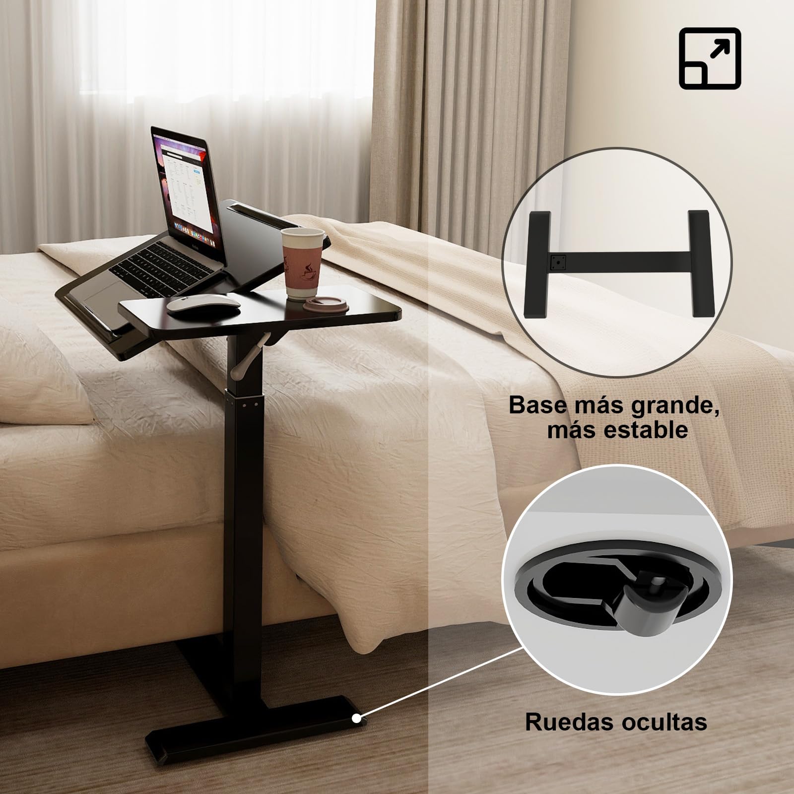 PUNCIA Mesa Auxiliar con Ruedas para Portátil Ajustable 70-102cm Negro | Escritorio Elevable de Pie para Sofá Cama Tablero Inclinable Mesa Lateral Regulable en Forma de C Estación de Trabajo Móvil